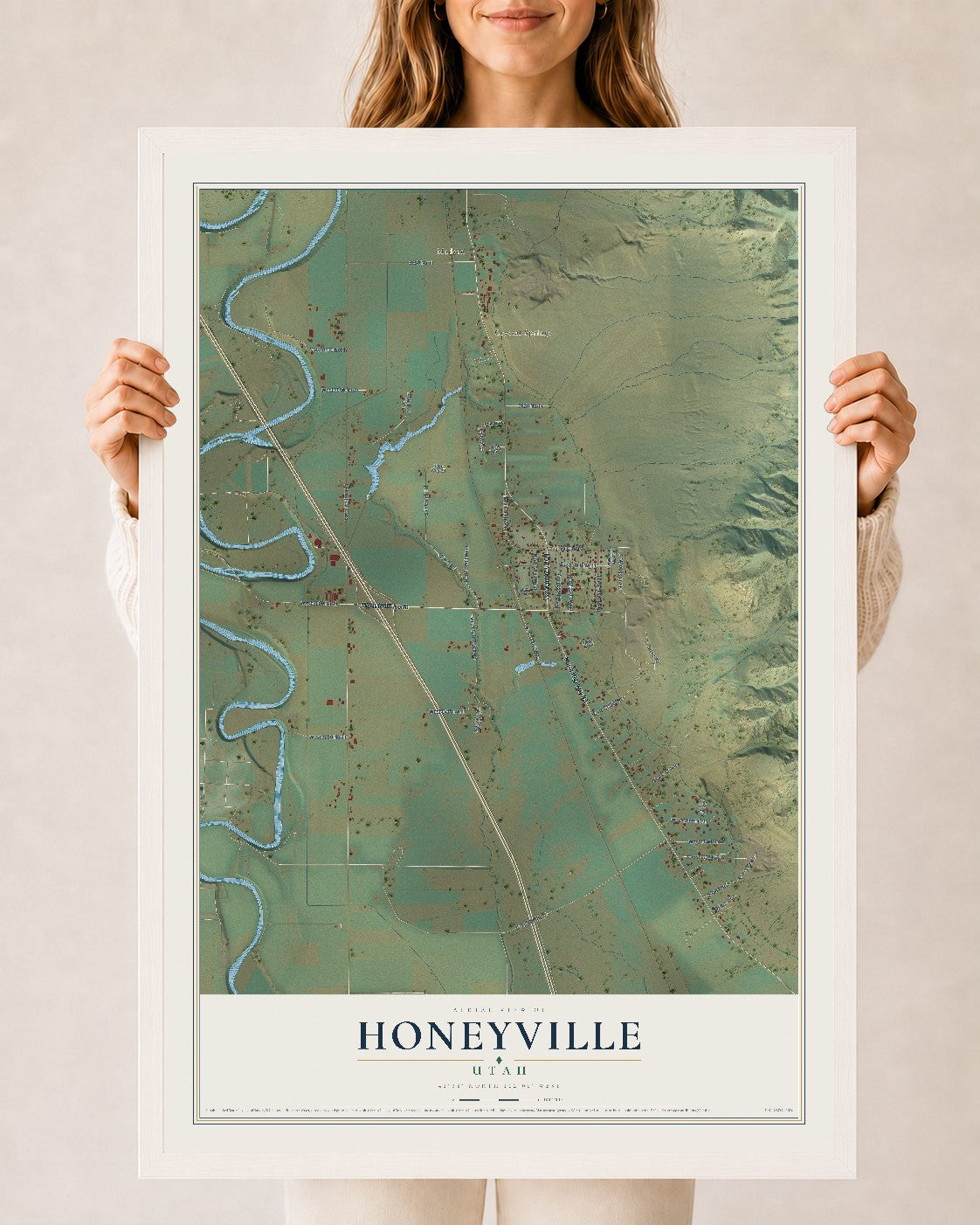 Map of Honeyville, Utah, 24 x 36 inch print in a white wood frame