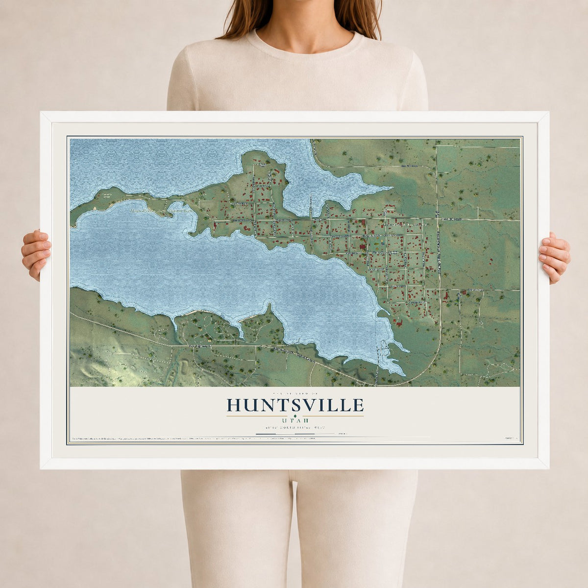 Map of Huntsville, Utah, 24 x 36 inch print in a white wood frame