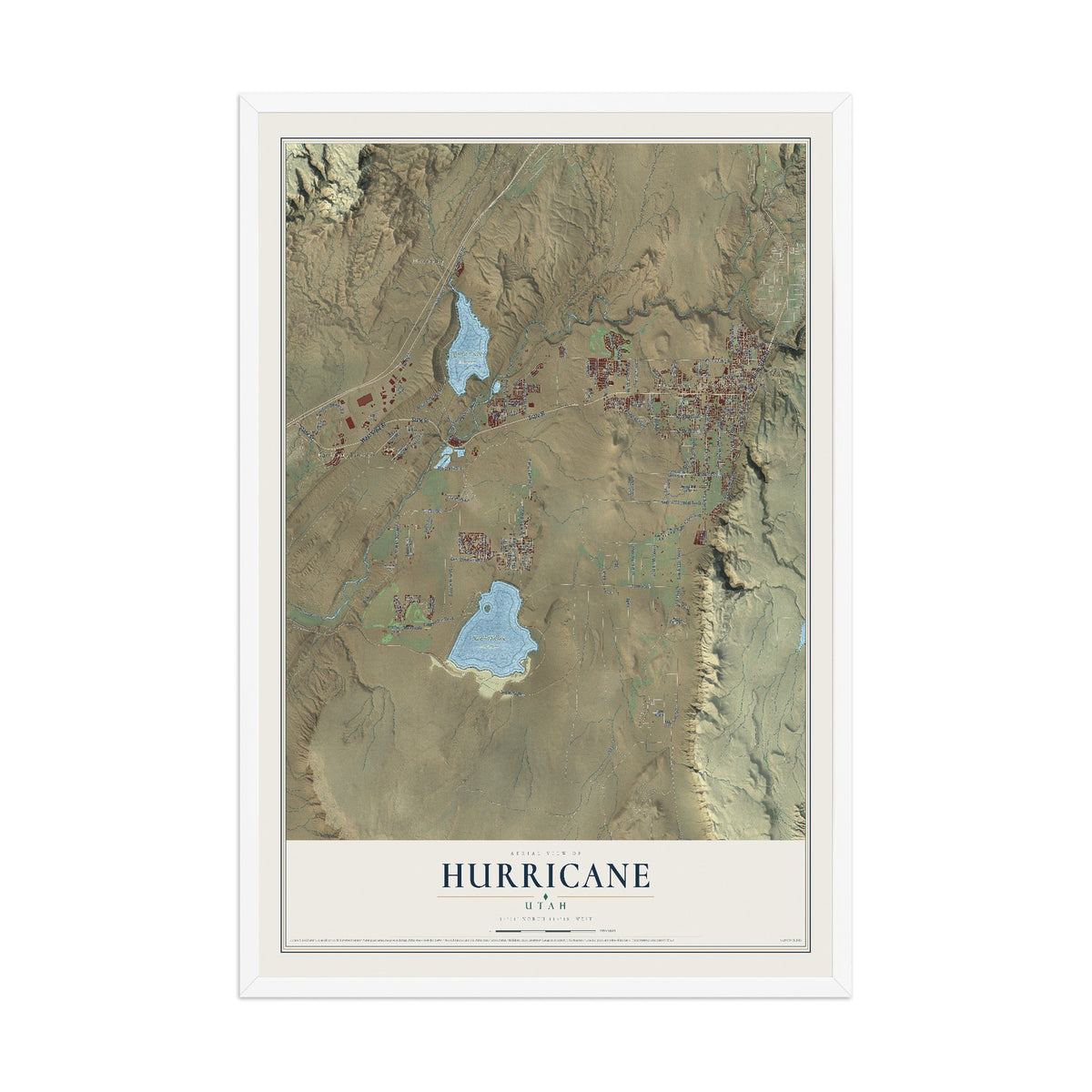 Map of Hurricane, Utah, 12 x 18 inch print in a white wood frame