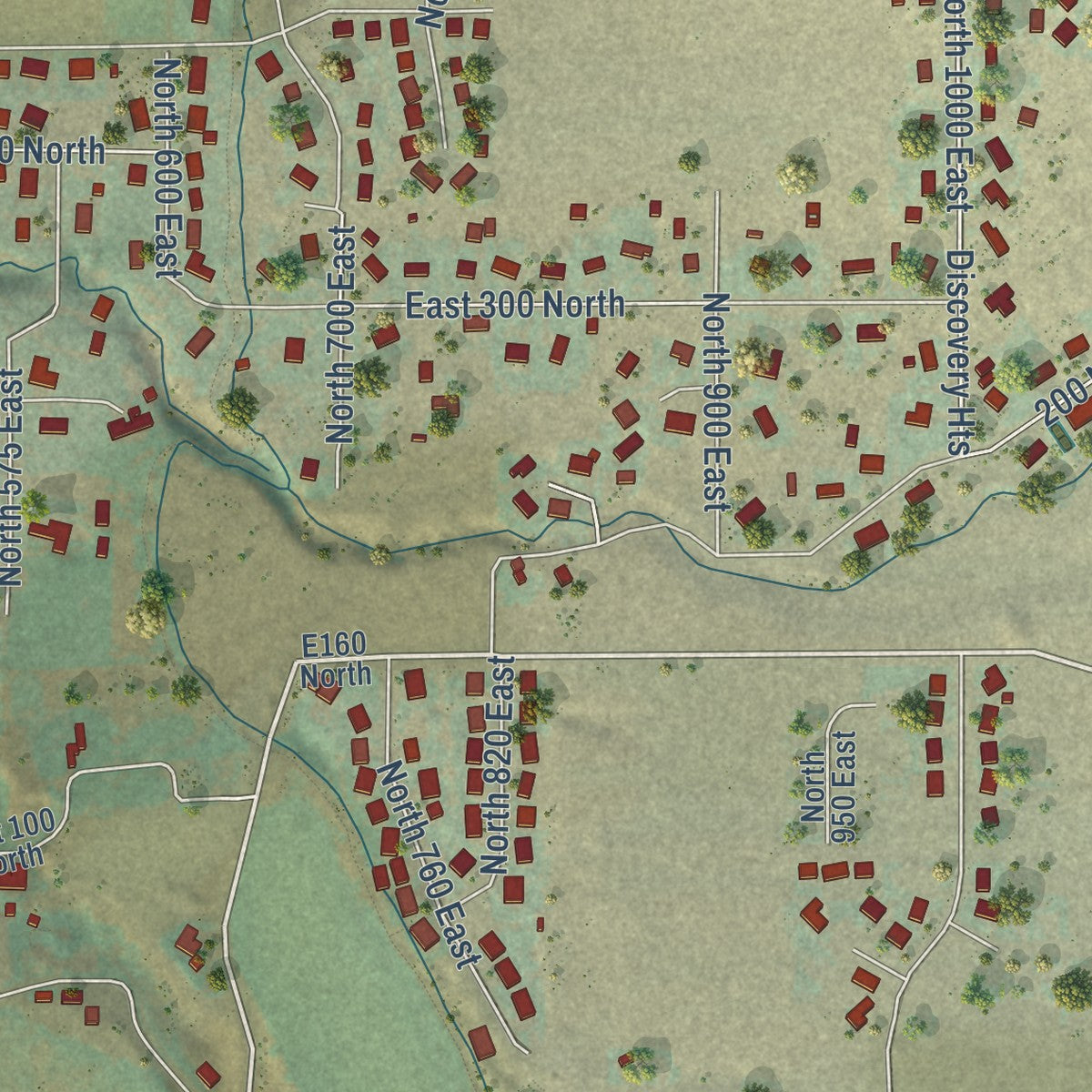 Second close-up of the map of Hyde Park, Utah print showing more streets and buildings