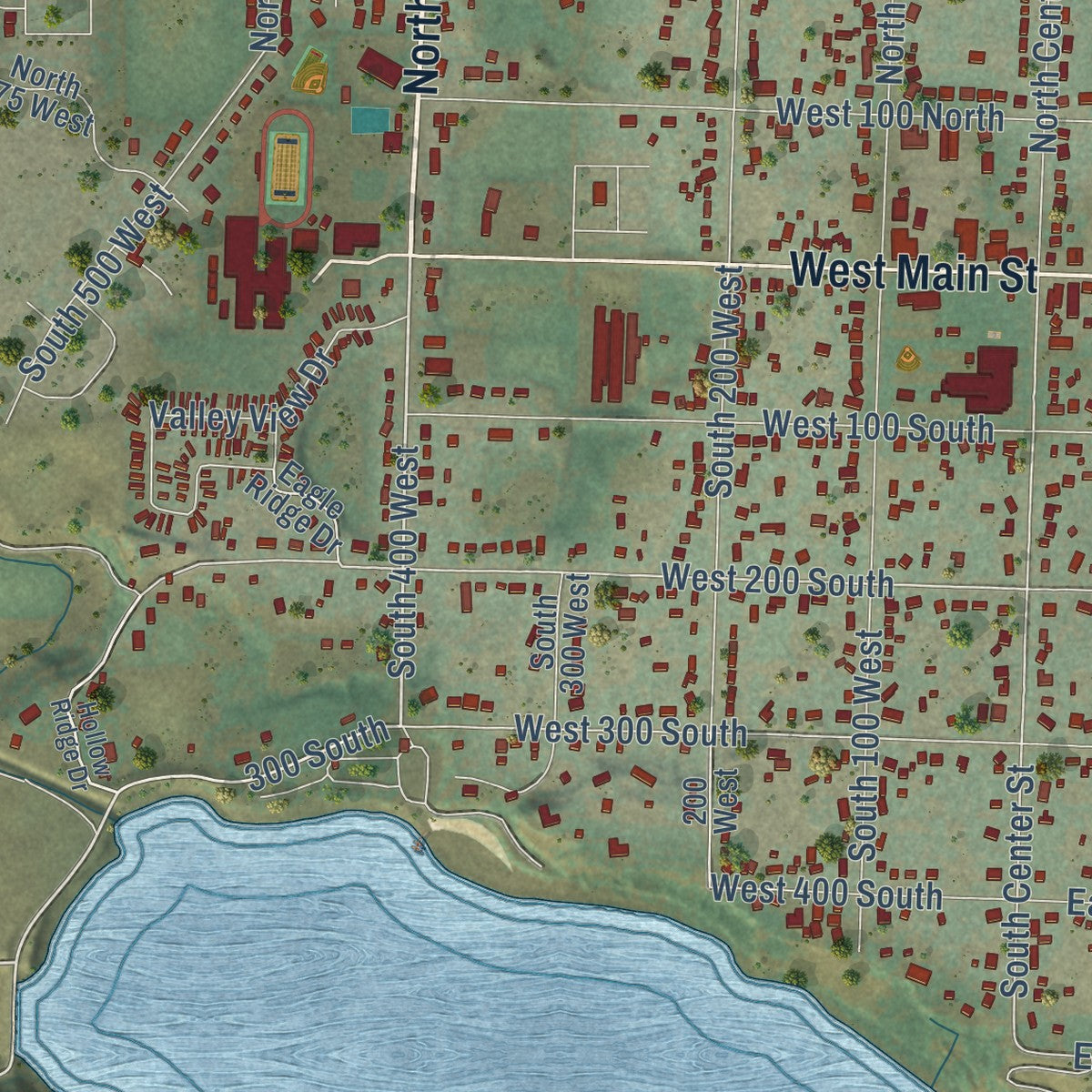 Second close-up of the map of Hyrum, Utah print showing more streets and buildings
