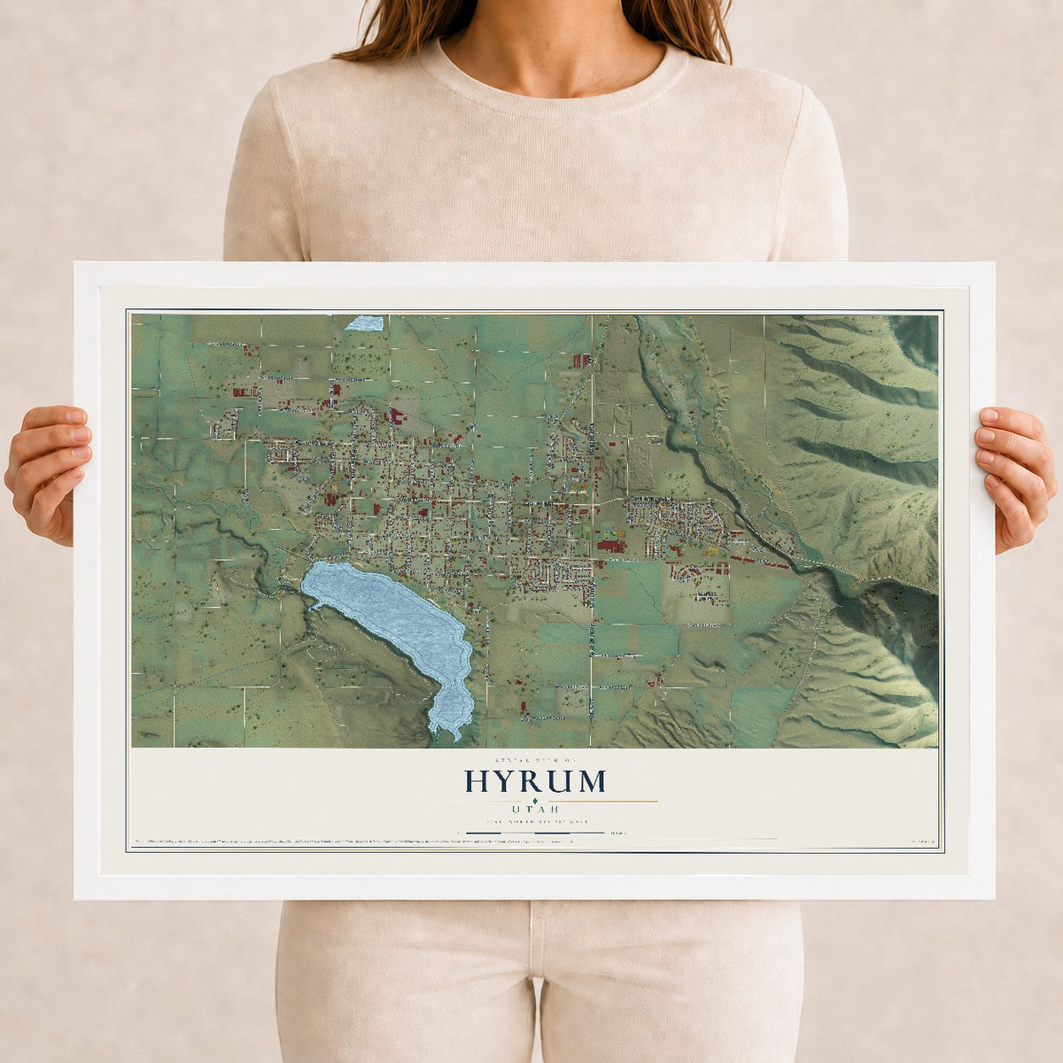 Map of Hyrum, Utah, 12 x 18 inch print in a white wood frame