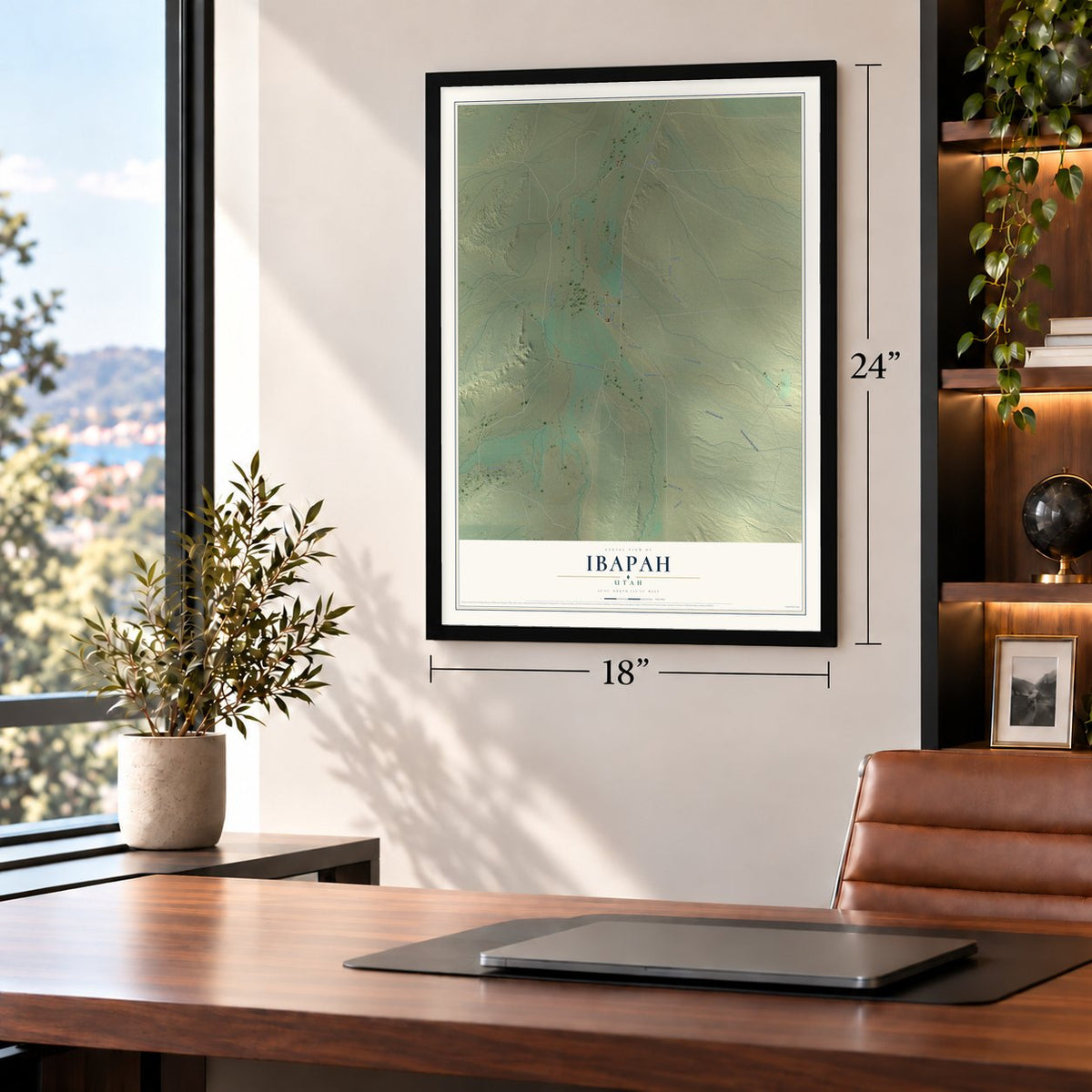 Ibapah, Utah map, 18 x 24 inch print in a black frame in a home office