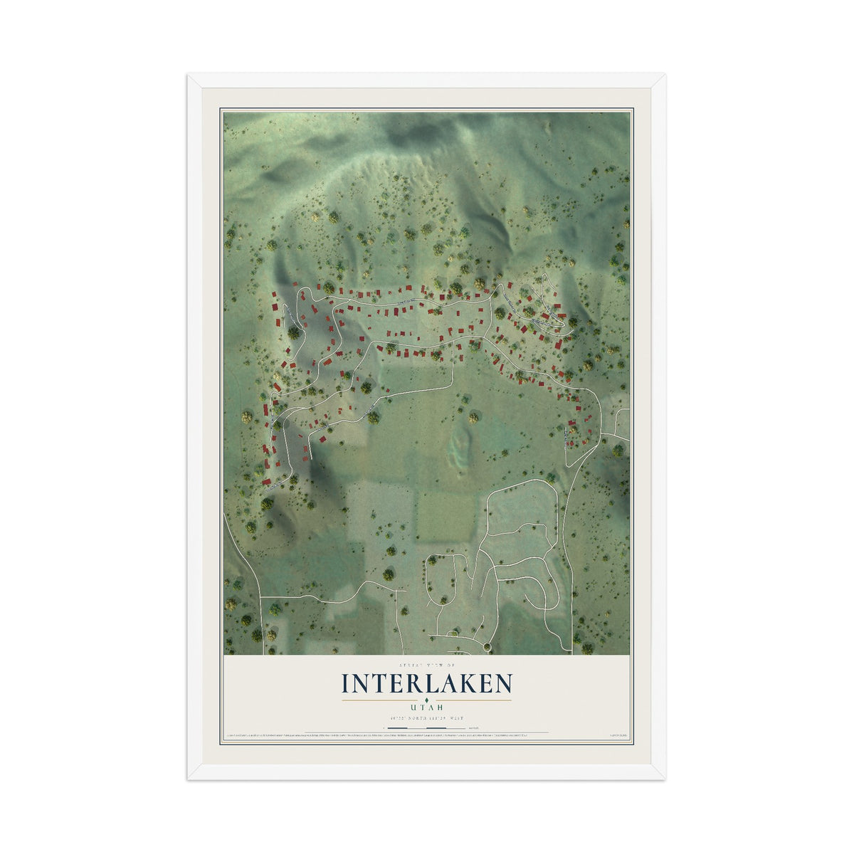 Map of Interlaken, Utah, 12 x 18 inch print in a white wood frame