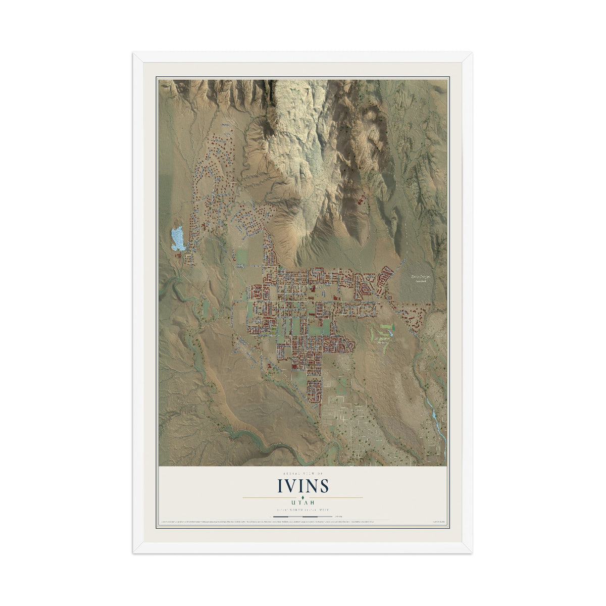 Map of Ivins, Utah, 12 x 18 inch print in a white wood frame