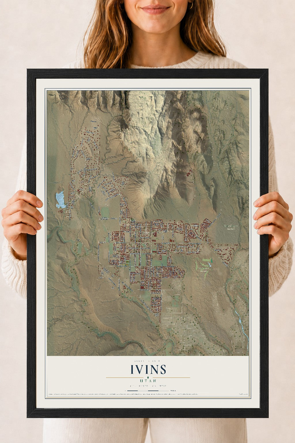Map of Ivins, Utah, 18 x 24 inch print in a black wood frame