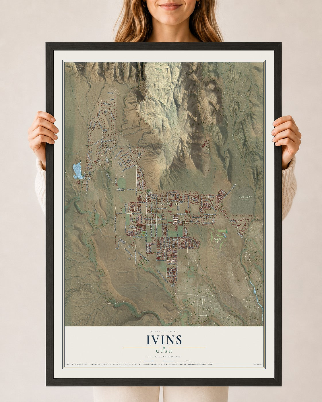 Map of Ivins, Utah, 24 x 36 inch print in a black wood frame