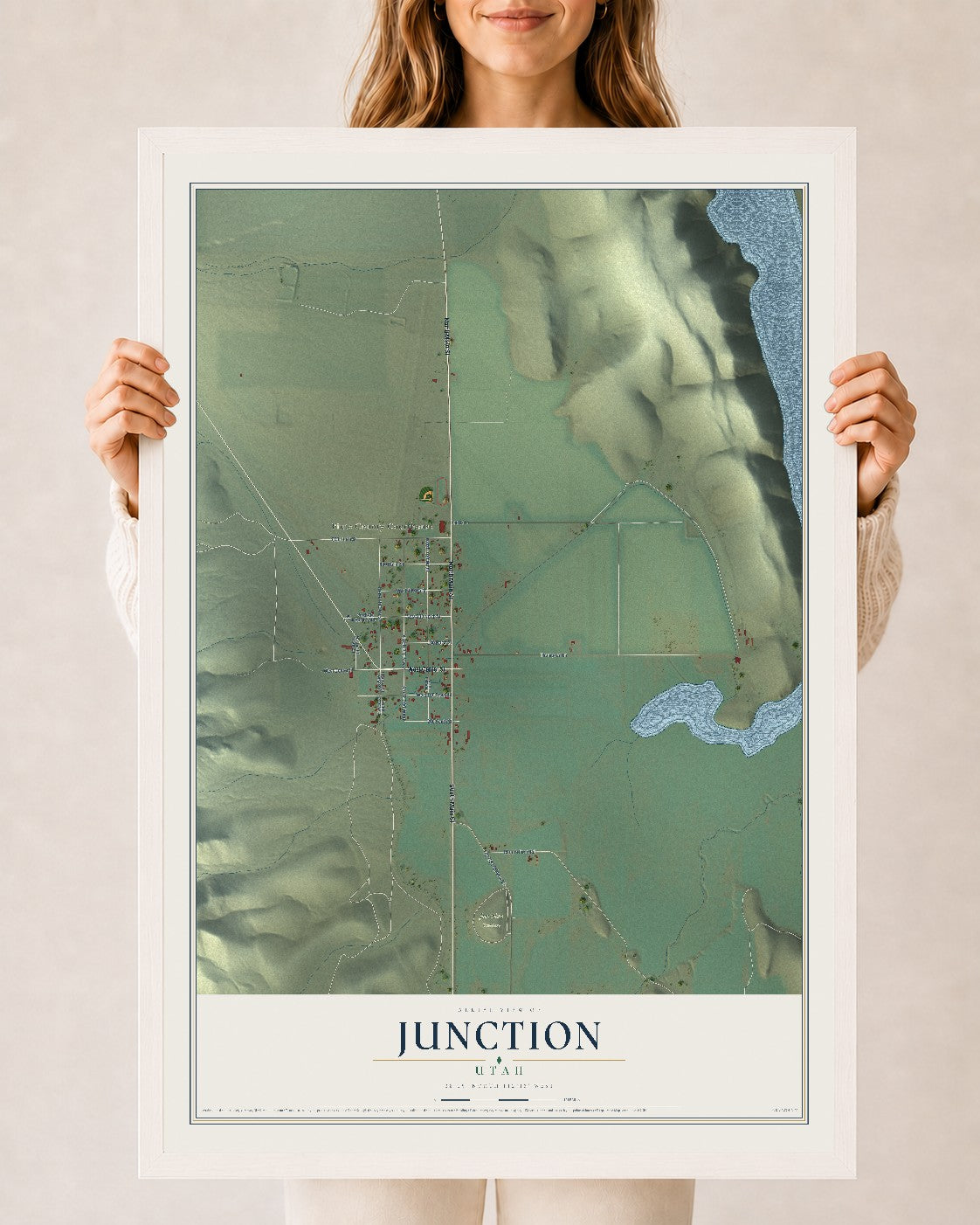 Map of Junction, Utah, 24 x 36 inch print in a white wood frame
