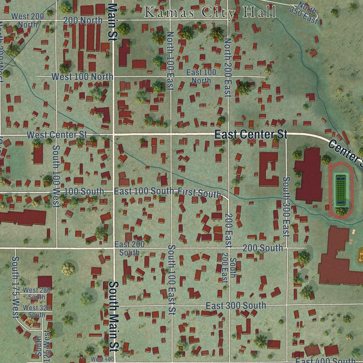 Close-up of the map of Kamas, Utah print showing street and building detail