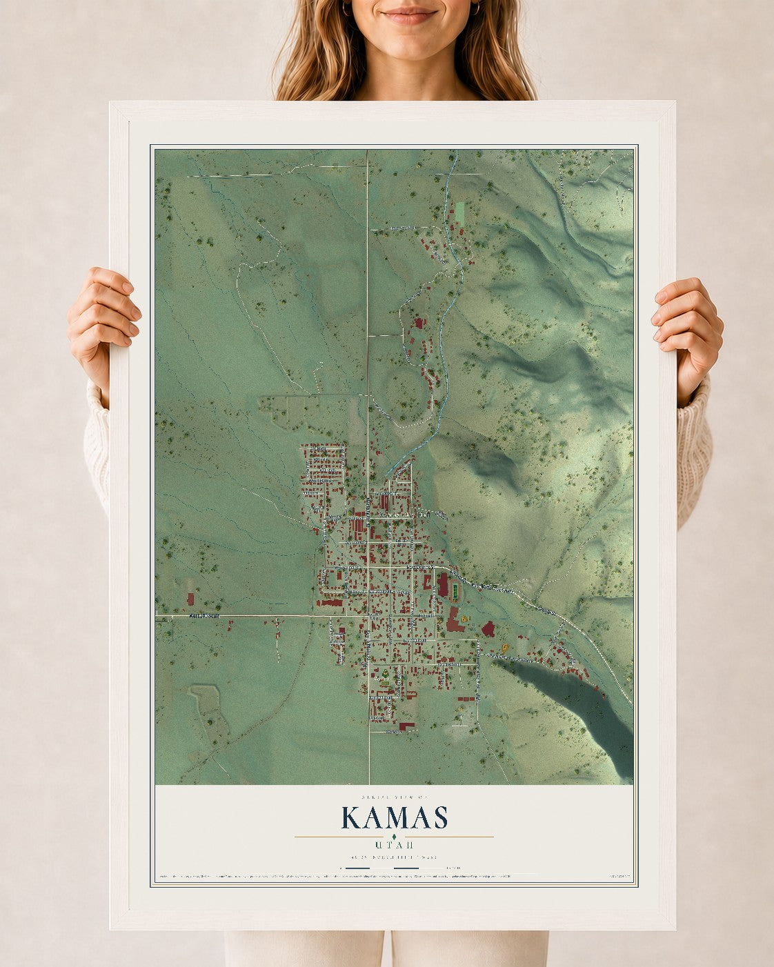 Map of Kamas, Utah, 24 x 36 inch print in a white wood frame