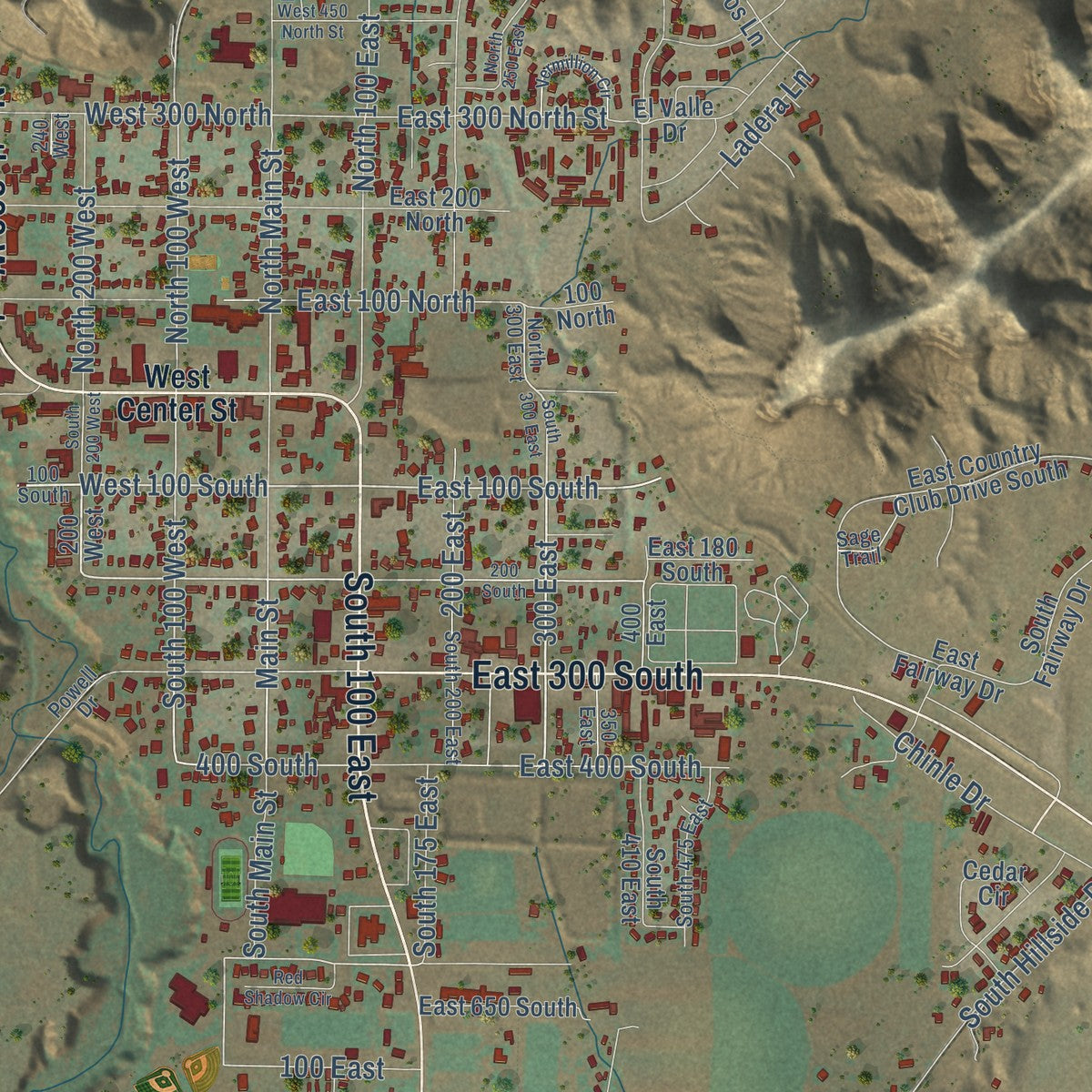 Close-up of the map of Kanab, Utah print showing street and building detail