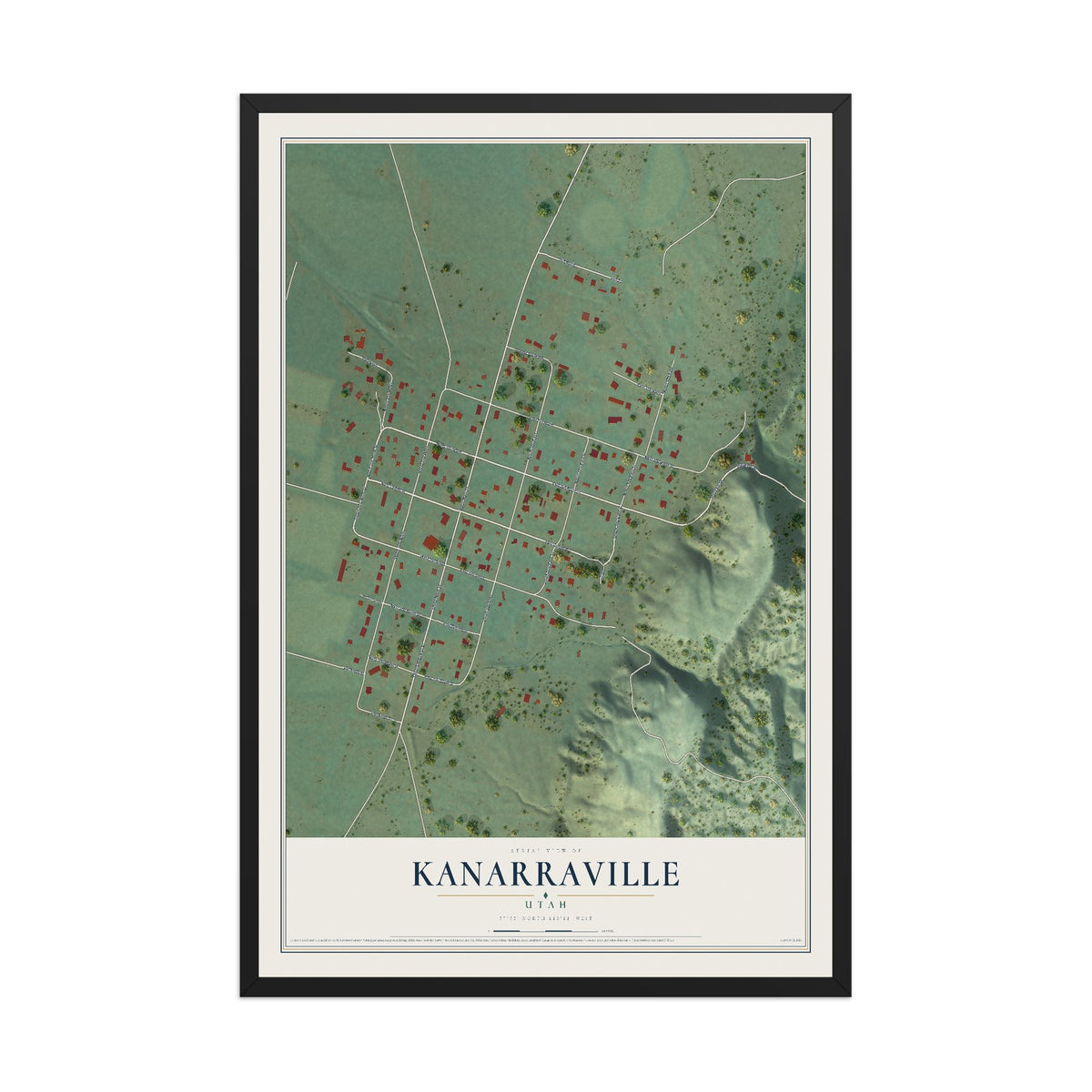 Map of Kanarraville, Utah, 12 x 18 inch print in a black wood frame