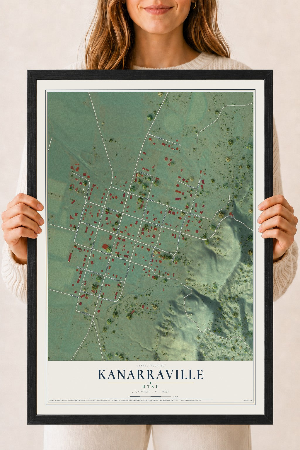 Map of Kanarraville, Utah, 18 x 24 inch print in a black wood frame