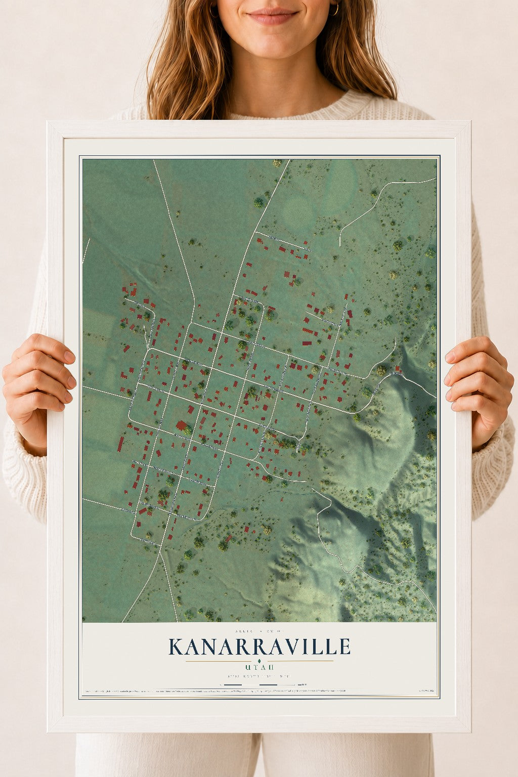 Map of Kanarraville, Utah, 18 x 24 inch print in a white wood frame