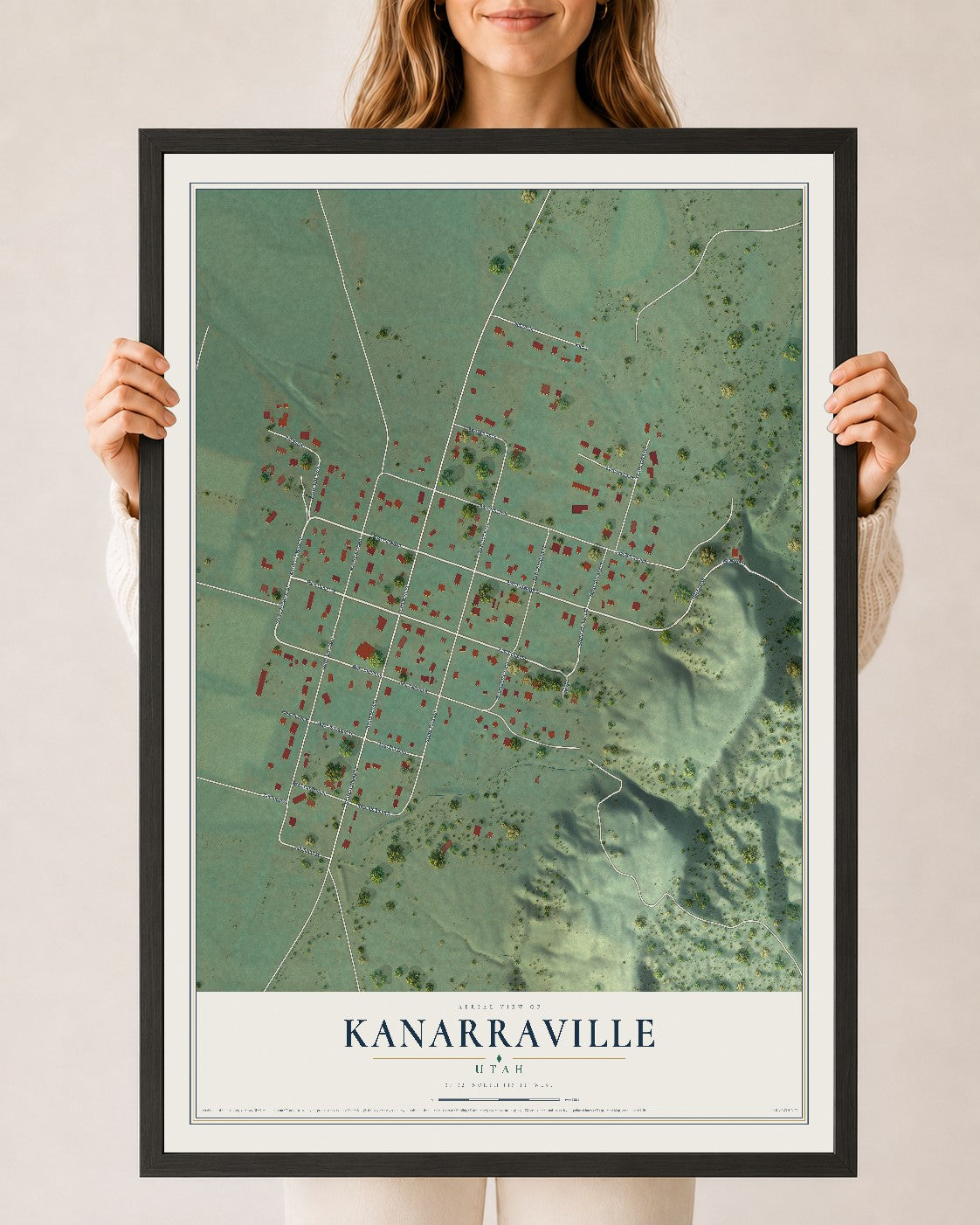 Map of Kanarraville, Utah, 24 x 36 inch print in a black wood frame