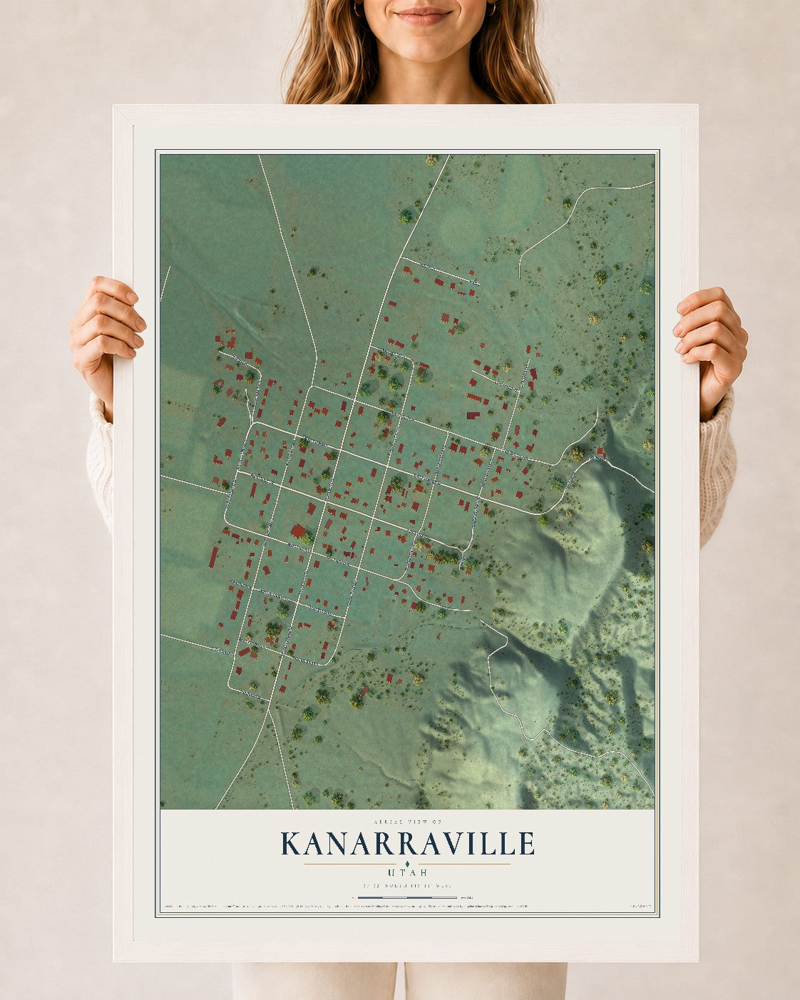 Map of Kanarraville, Utah, 24 x 36 inch print in a white wood frame