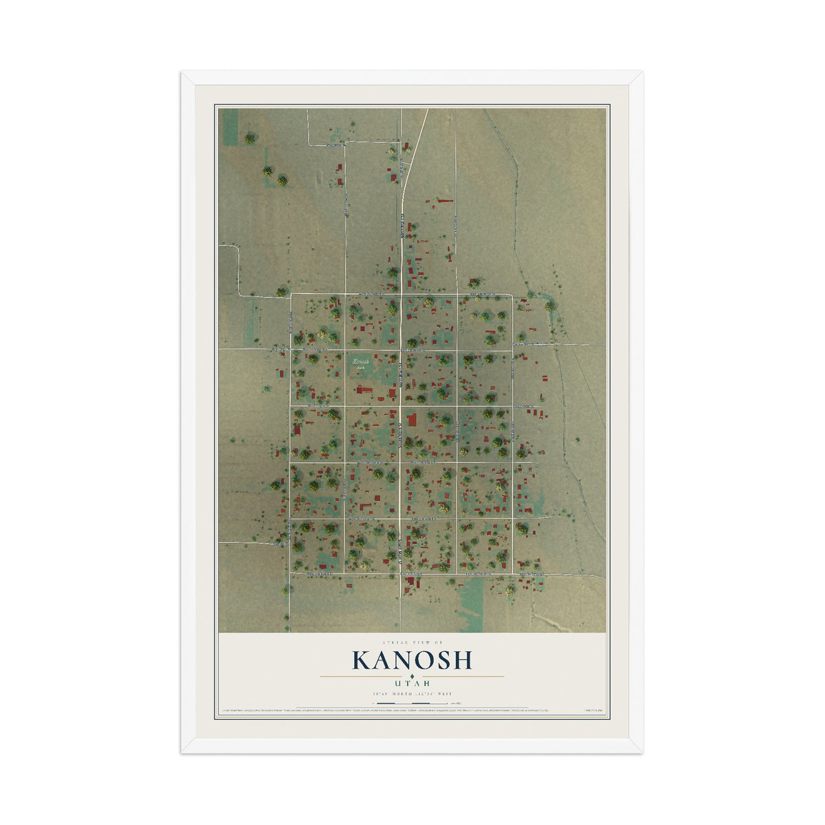 Map of Kanosh, Utah, 12 x 18 inch print in a white wood frame