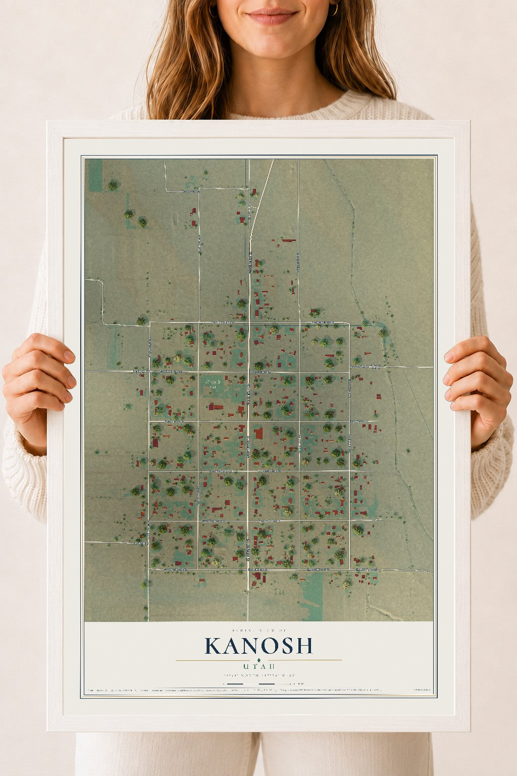 Map of Kanosh, Utah, 18 x 24 inch print in a white wood frame