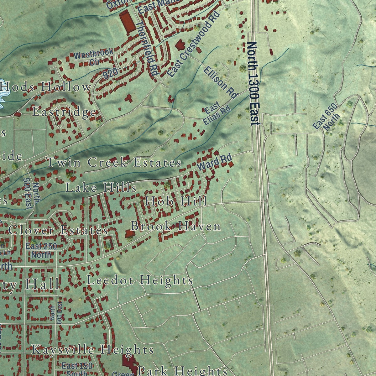 Second close-up of the map of Kaysville, Utah print showing more streets and buildings