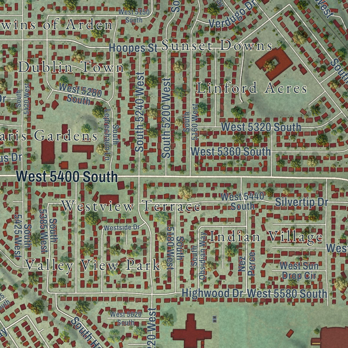Close-up of the map of Kearns, Utah print showing street and building detail