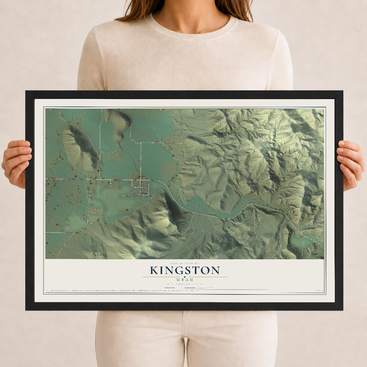 Map of Kingston, Utah, 12 x 18 inch print in a black wood frame