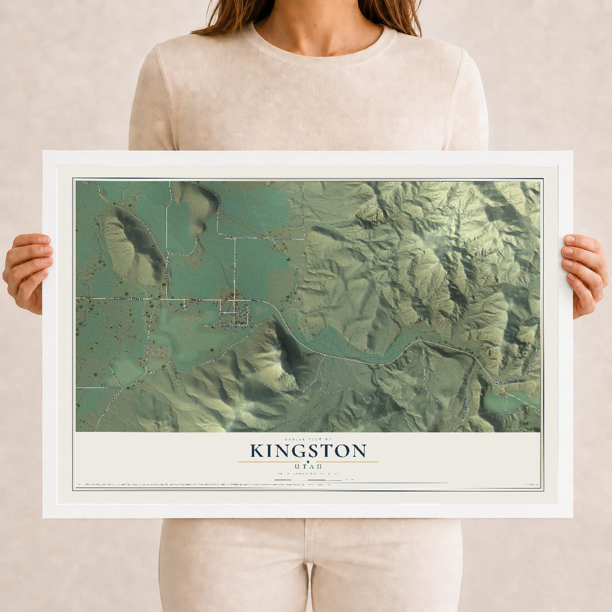 Map of Kingston, Utah, 12 x 18 inch print in a white wood frame