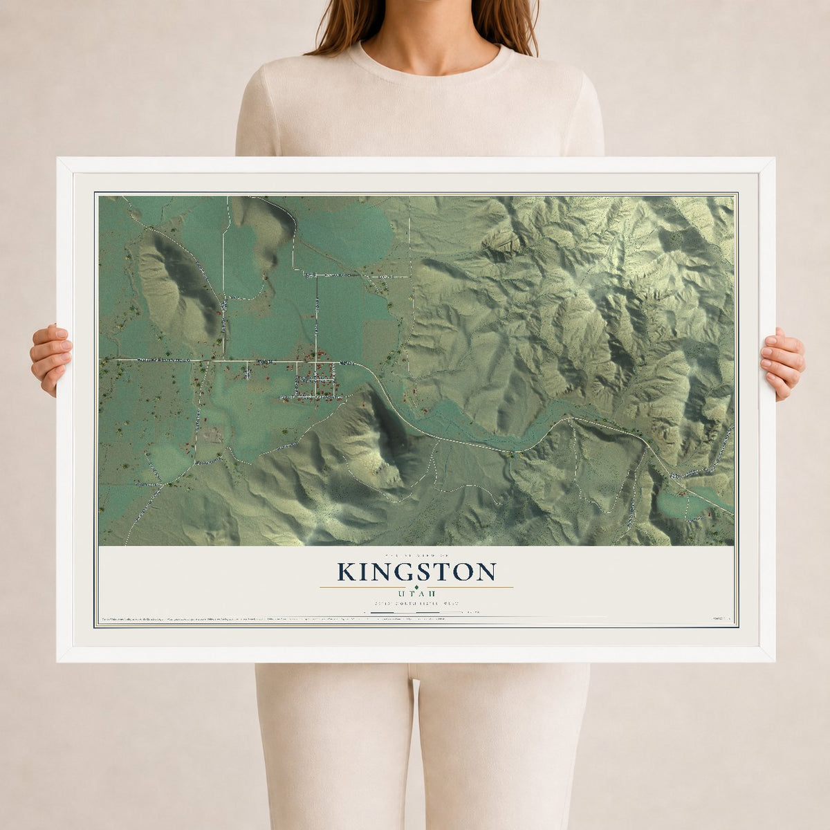 Map of Kingston, Utah, 24 x 36 inch print in a white wood frame