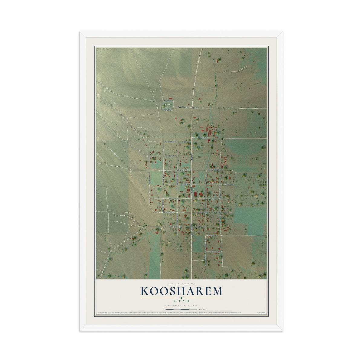 Map of Koosharem, Utah, 12 x 18 inch print in a white wood frame