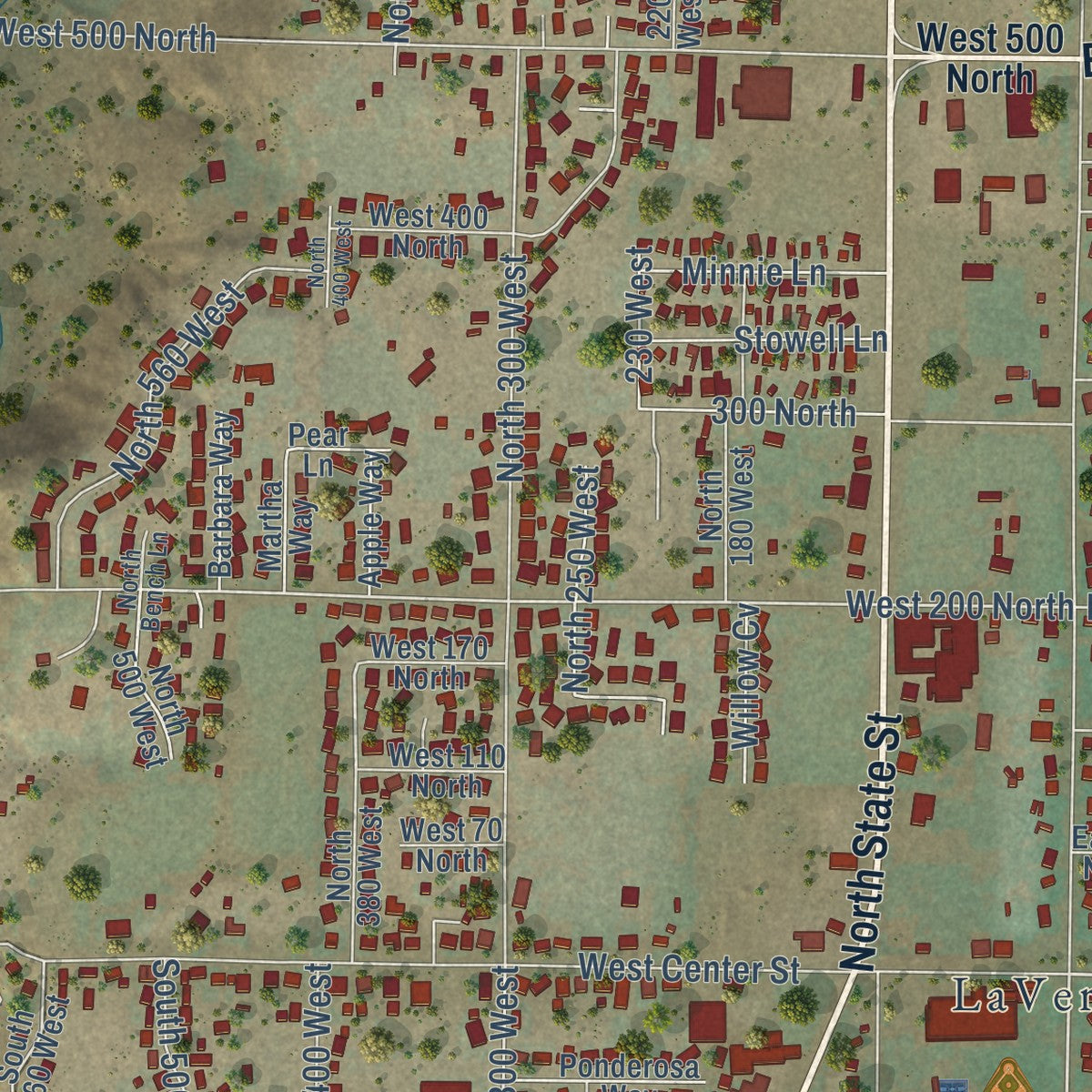 Close-up of the map of La Verkin, Utah print showing street and building detail