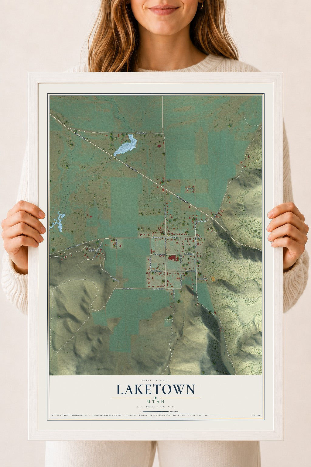 Map of Laketown, Utah, 18 x 24 inch print in a white wood frame