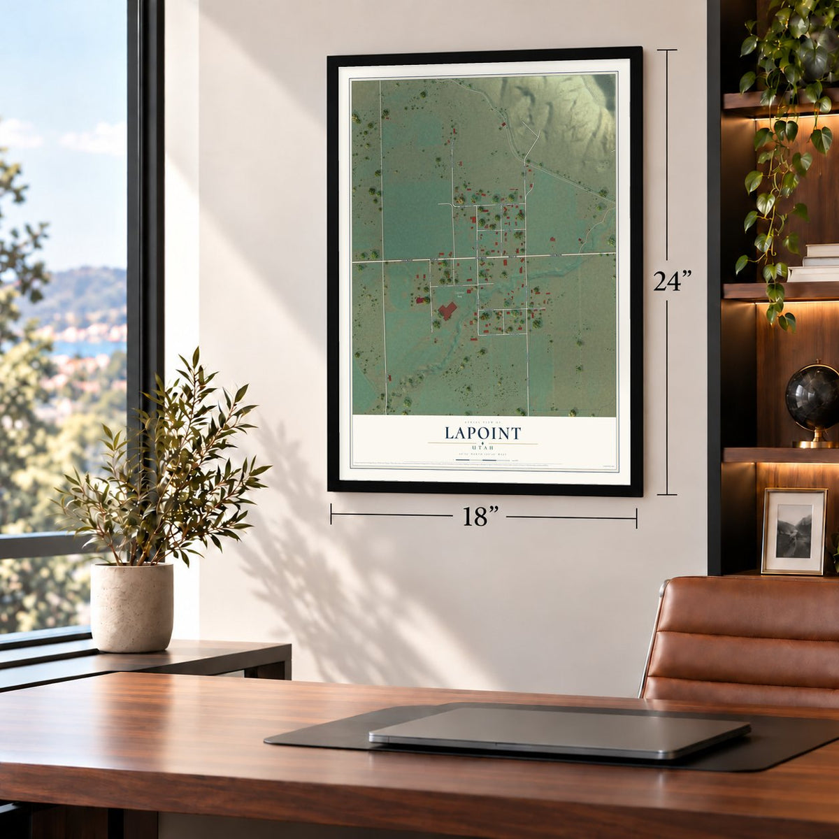 Lapoint, Utah map, 18 x 24 inch print in a black frame in a home office