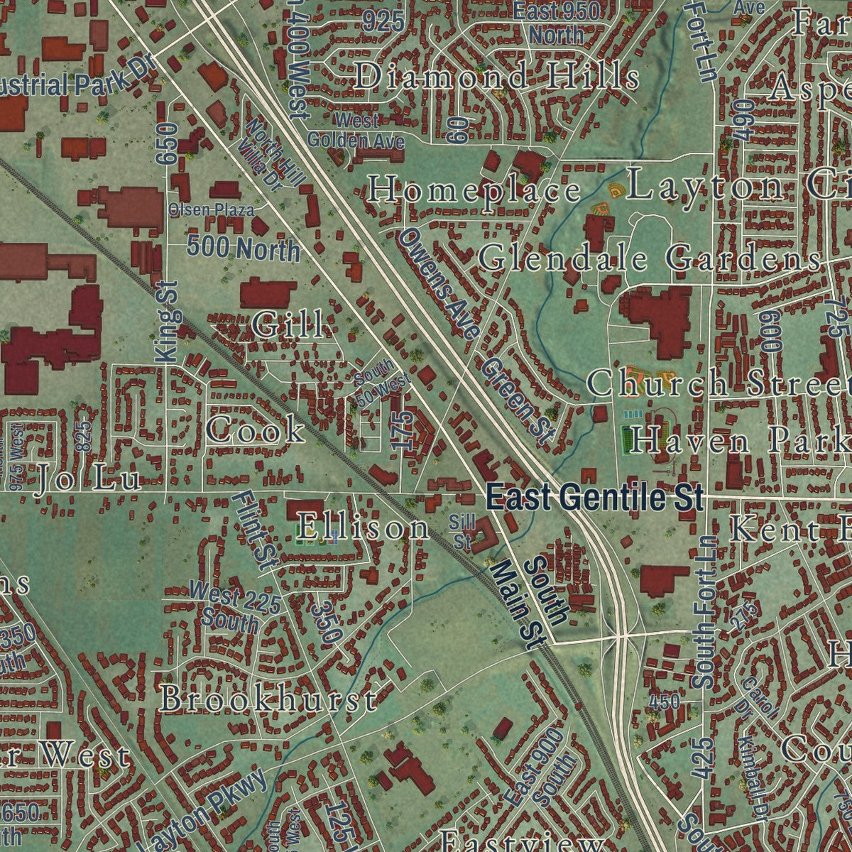 Second close-up of the map of Layton, Utah print showing more streets and buildings