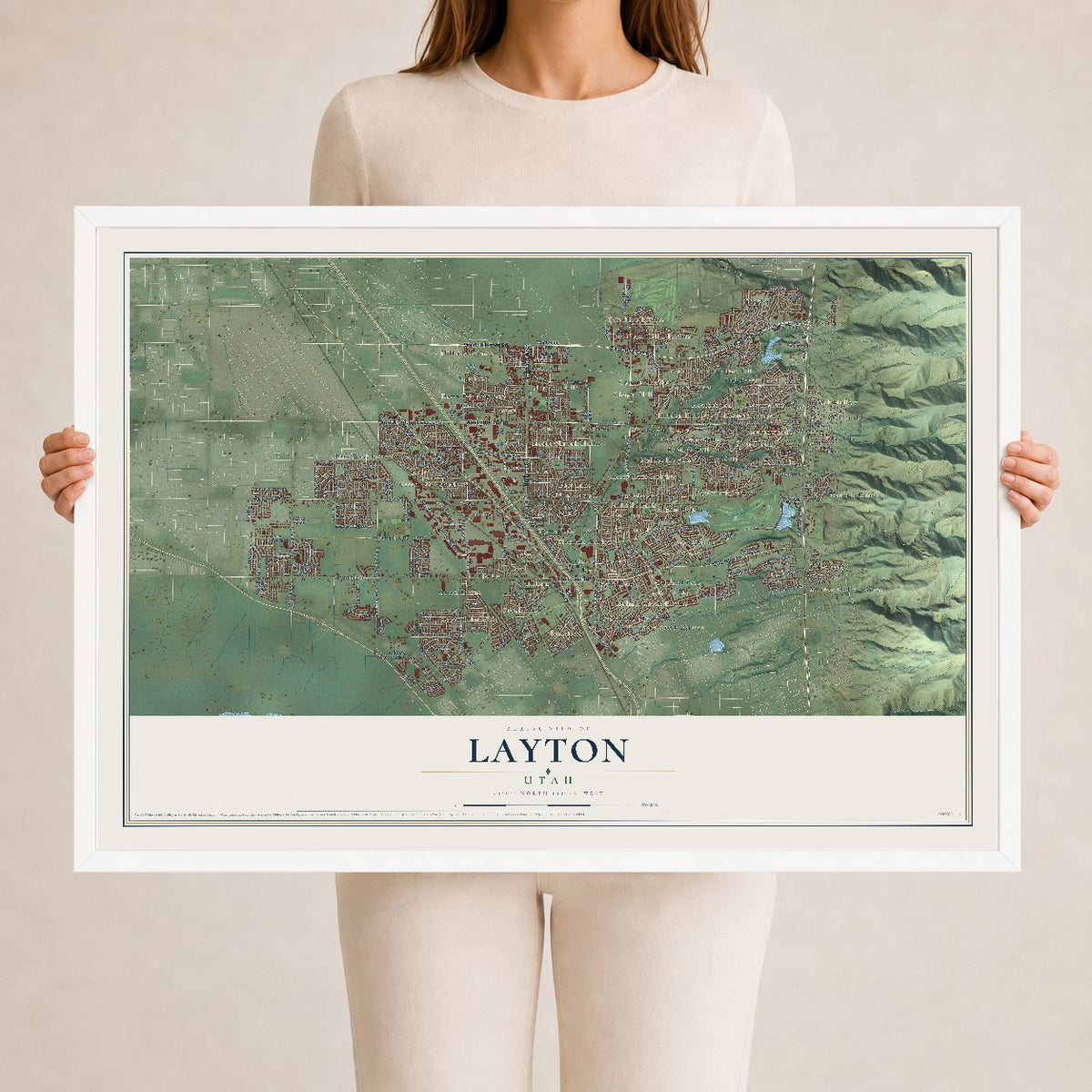 Map of Layton, Utah, 24 x 36 inch print in a white wood frame