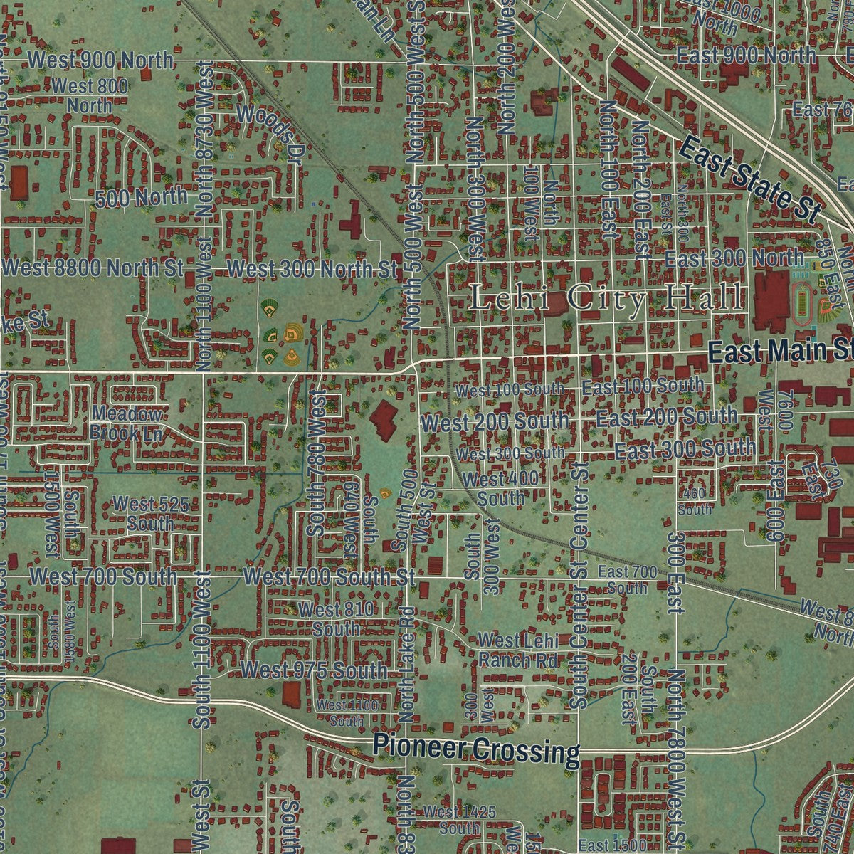 Close-up of the map of Lehi, Utah print showing street and building detail
