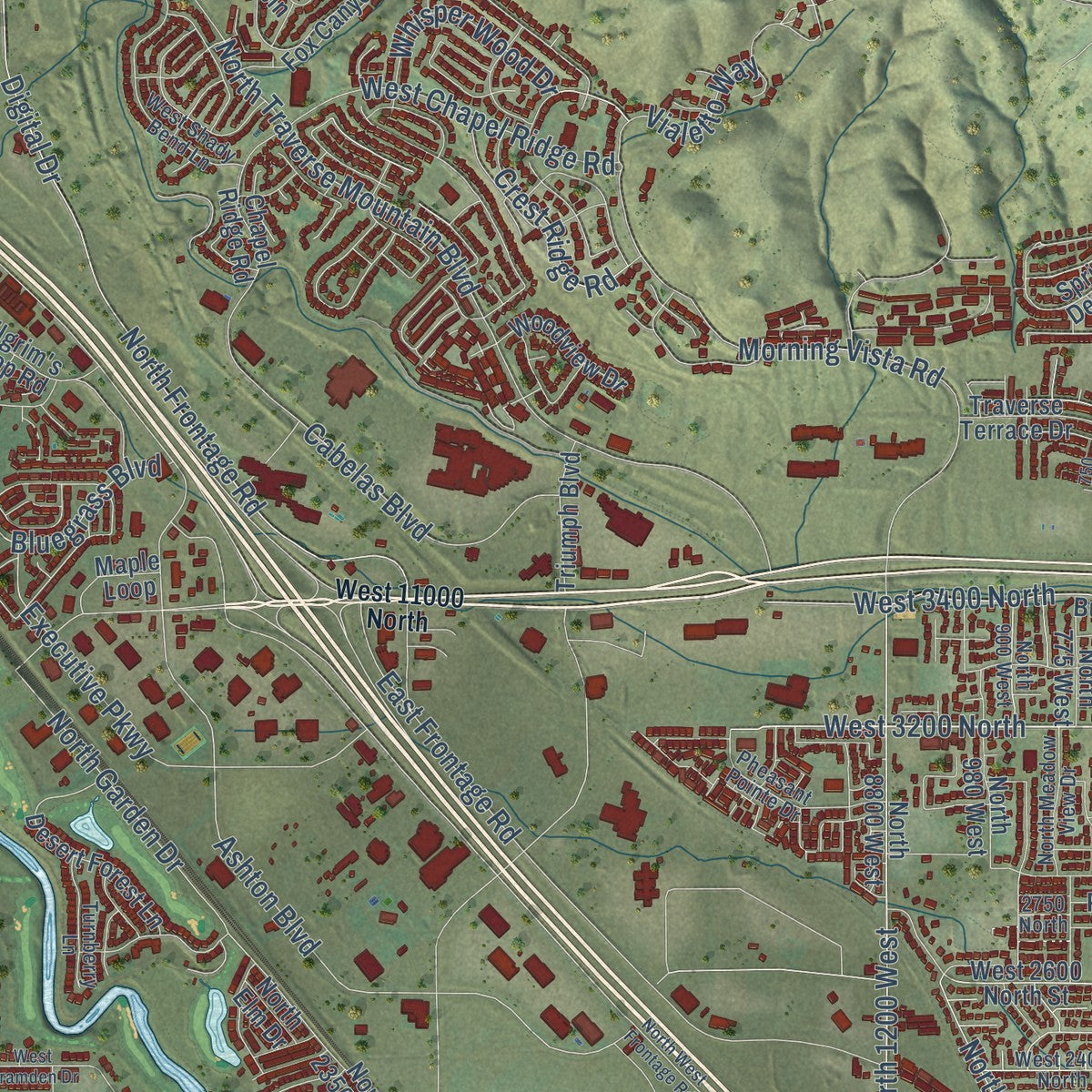 Second close-up of the map of Lehi, Utah print showing more streets and buildings