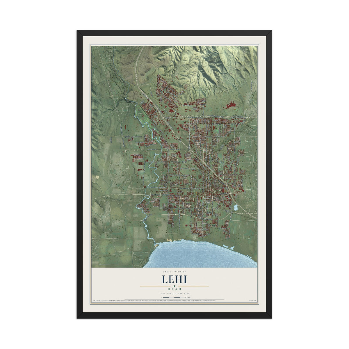 Map of Lehi, Utah, 12 x 18 inch print in a black wood frame