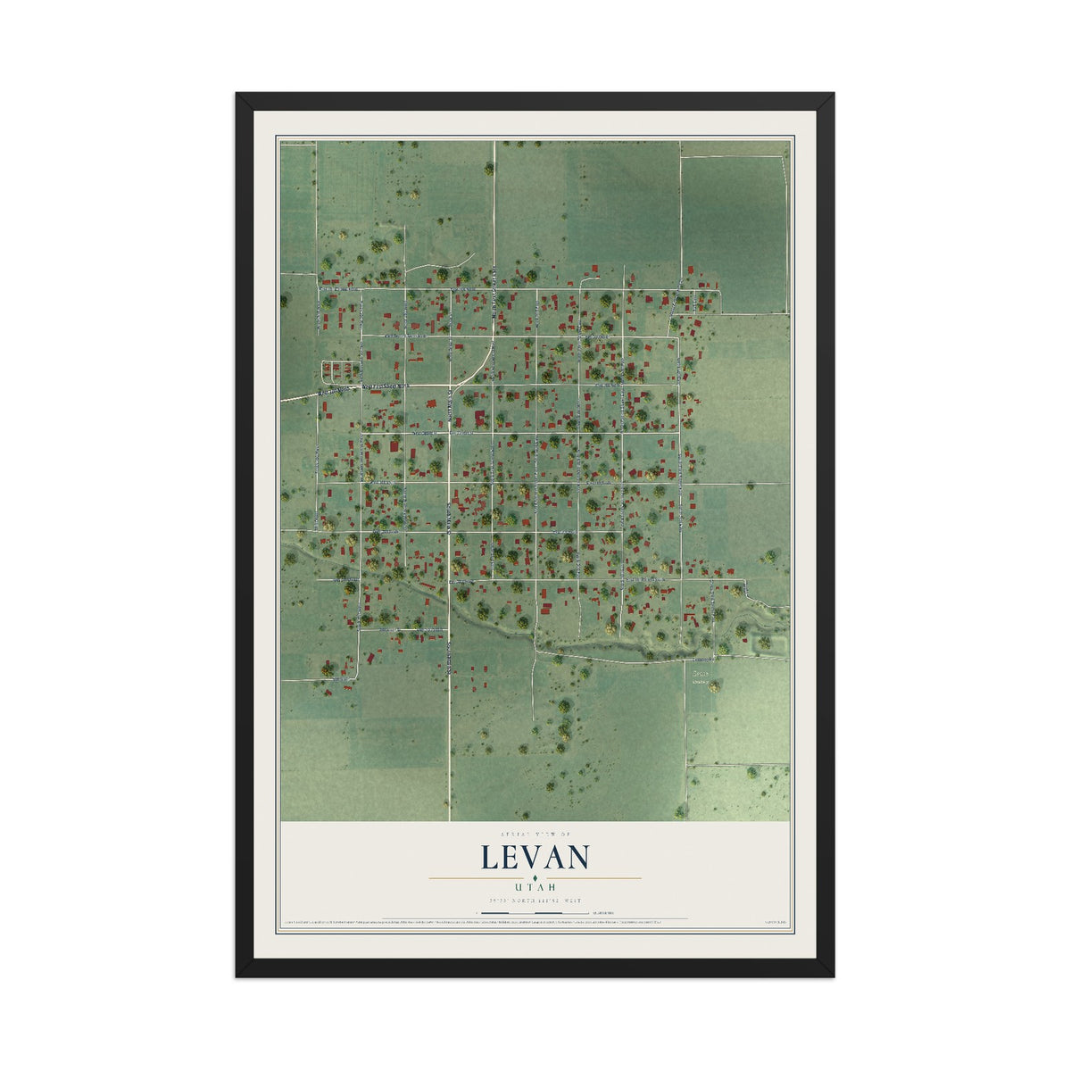 Map of Levan, Utah, 12 x 18 inch print in a black wood frame