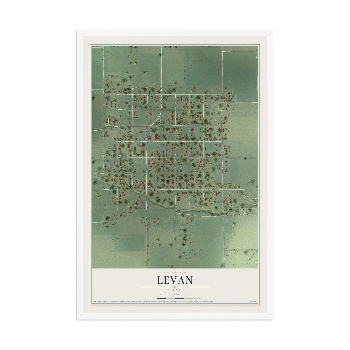 Map of Levan, Utah, 12 x 18 inch print in a white wood frame
