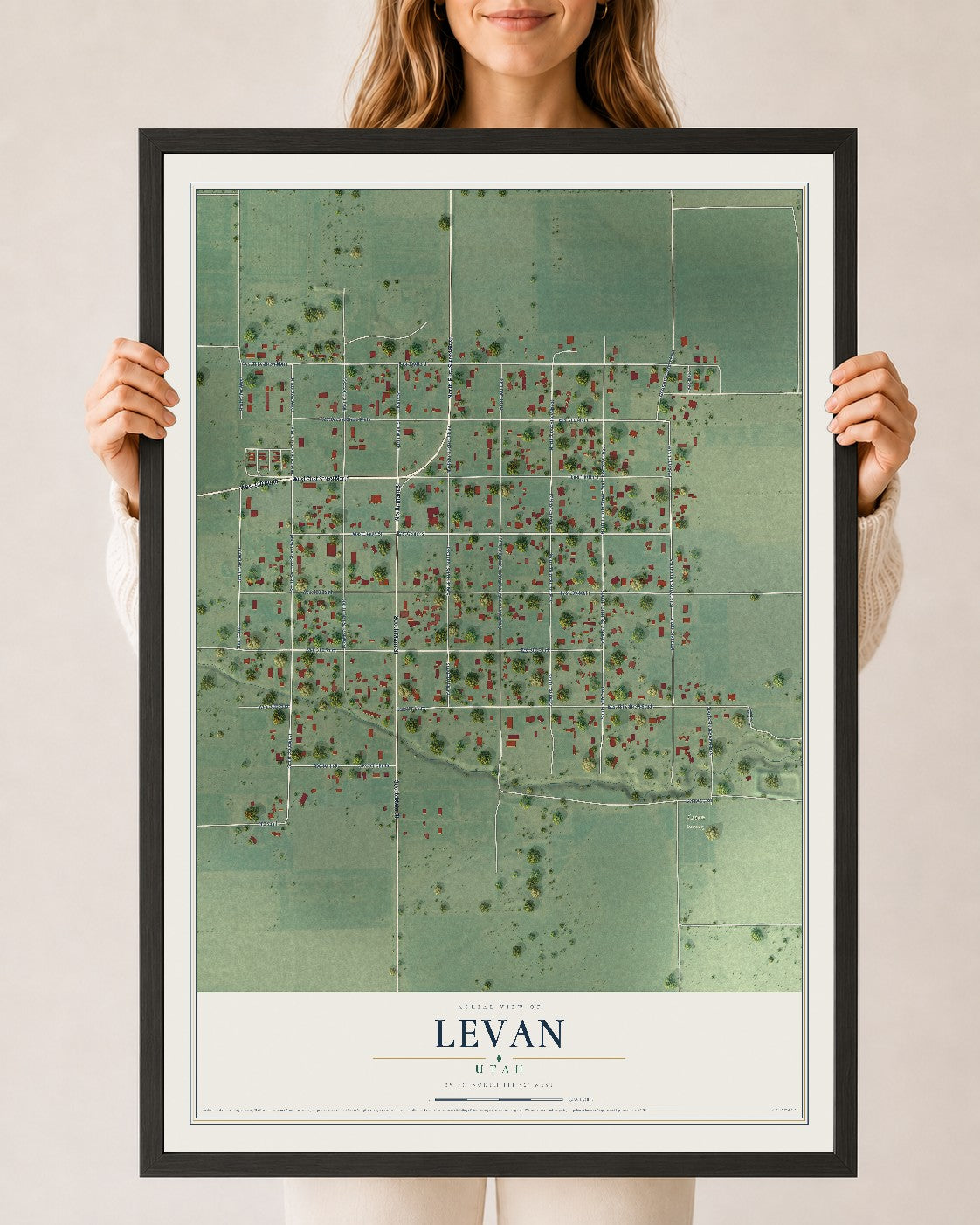Map of Levan, Utah, 24 x 36 inch print in a black wood frame