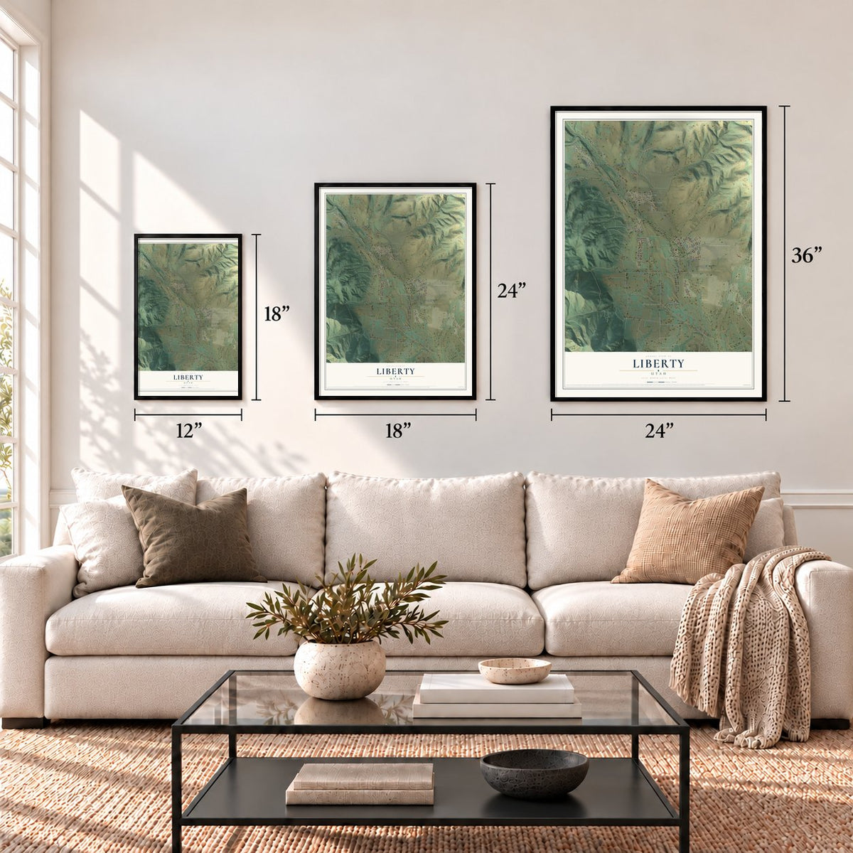 Liberty, Utah map in 12 x 18, 18 x 24 and 24 x 36 inch sizes above a sofa