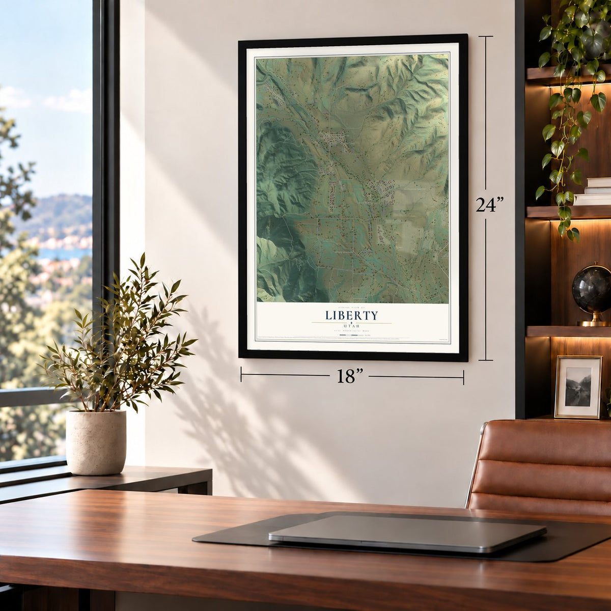 Liberty, Utah map, 18 x 24 inch print in a black frame in a home office