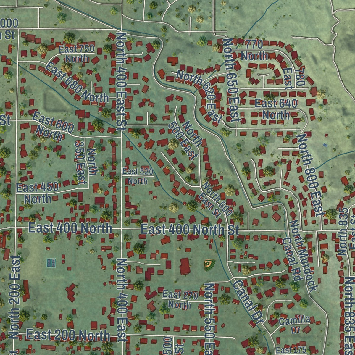 Close-up of the map of Lindon, Utah print showing street and building detail