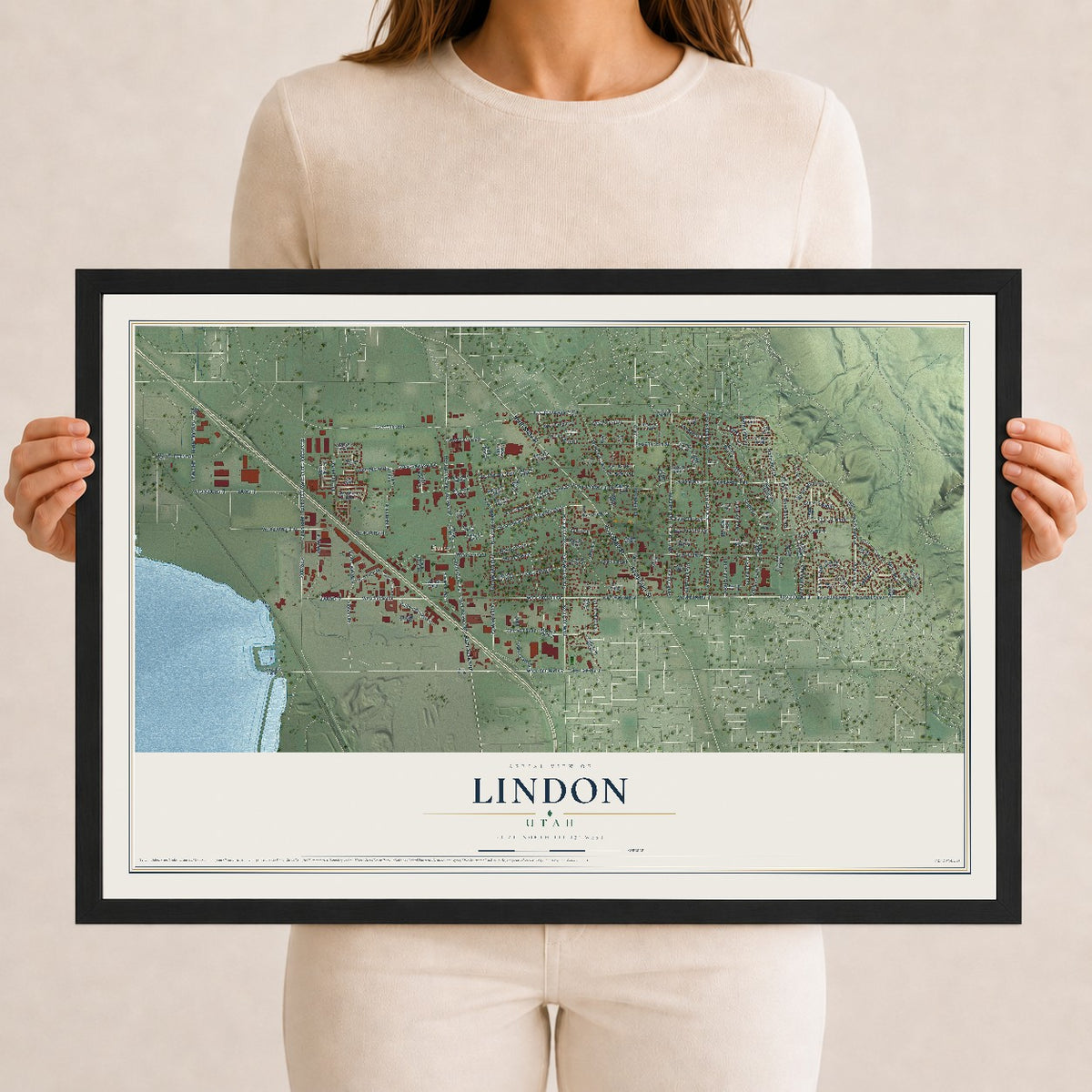 Map of Lindon, Utah, 12 x 18 inch print in a black wood frame