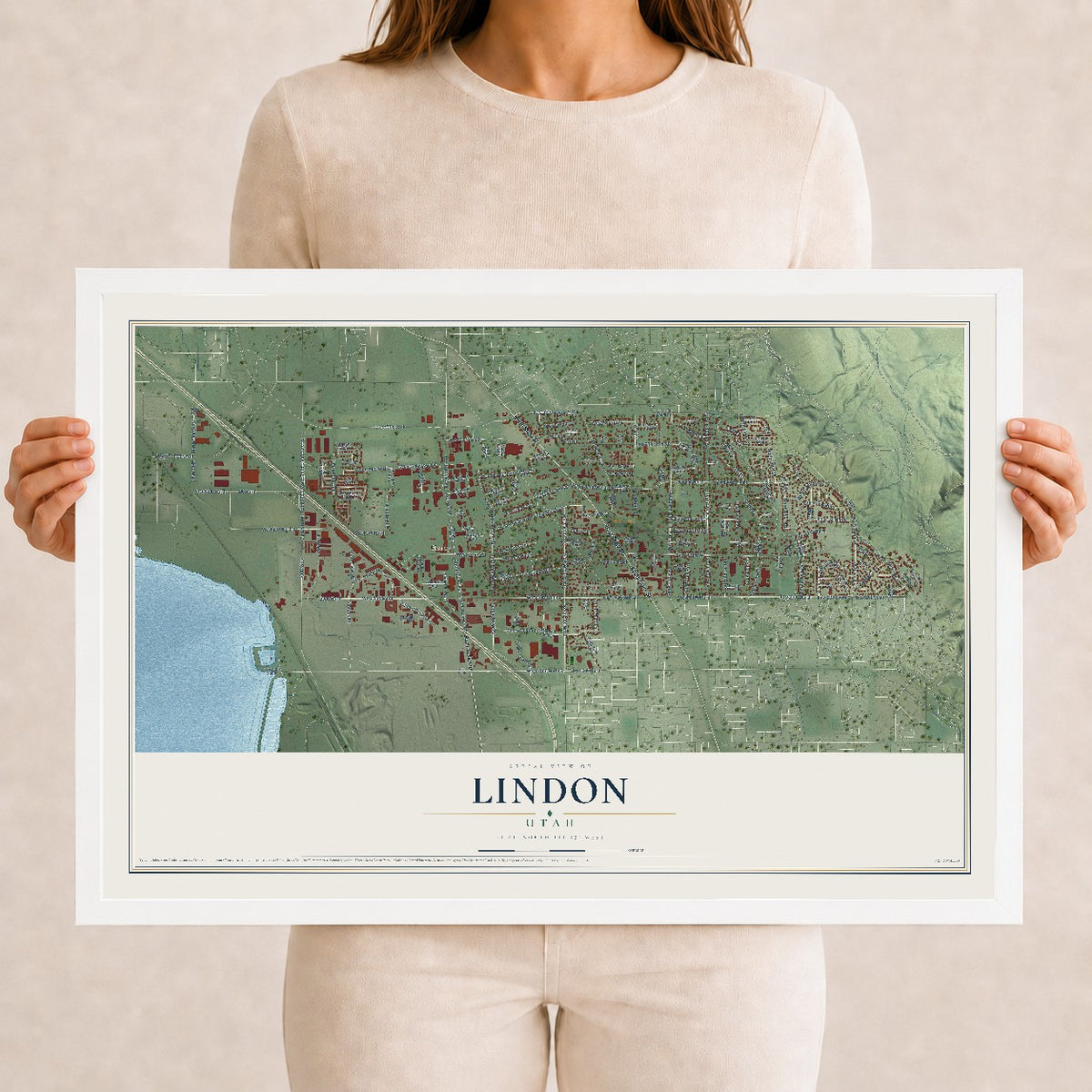 Map of Lindon, Utah, 12 x 18 inch print in a white wood frame