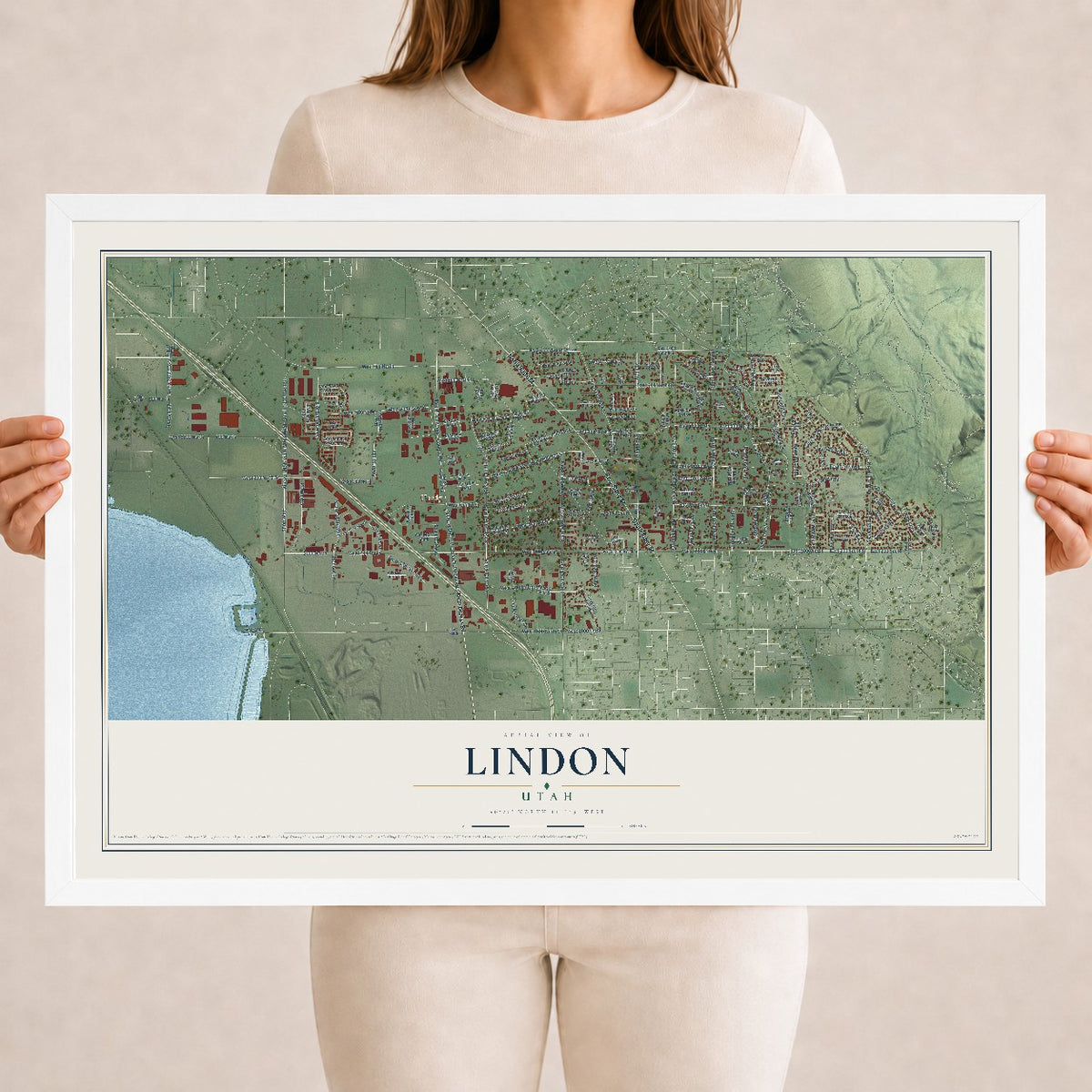 Map of Lindon, Utah, 18 x 24 inch print in a white wood frame