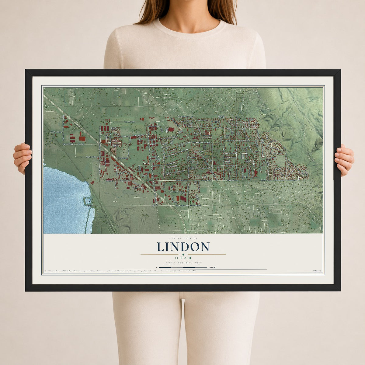 Map of Lindon, Utah, 24 x 36 inch print in a black wood frame