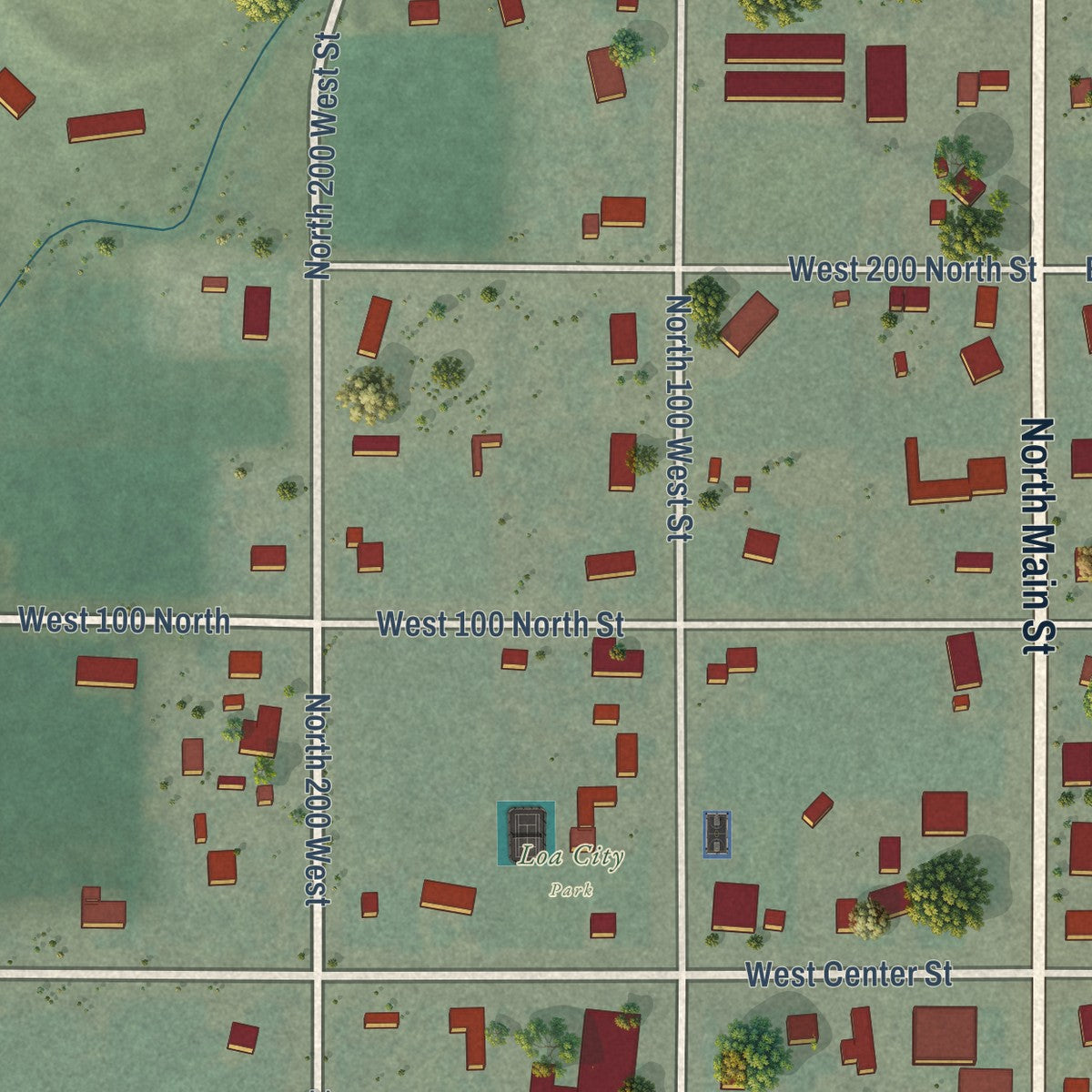 Second close-up of the map of Loa, Utah print showing more streets and buildings