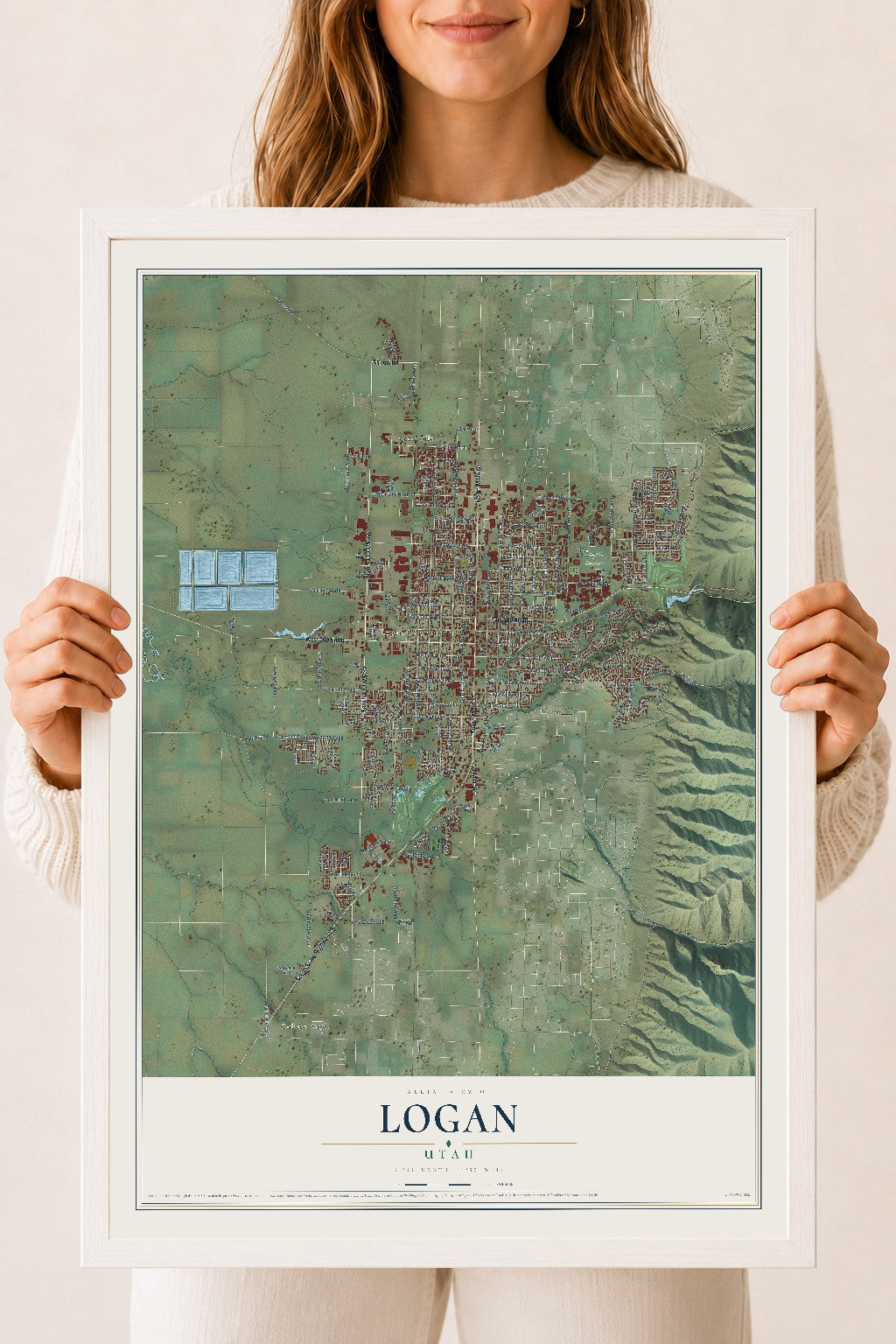 Map of Logan, Utah, 18 x 24 inch print in a white wood frame