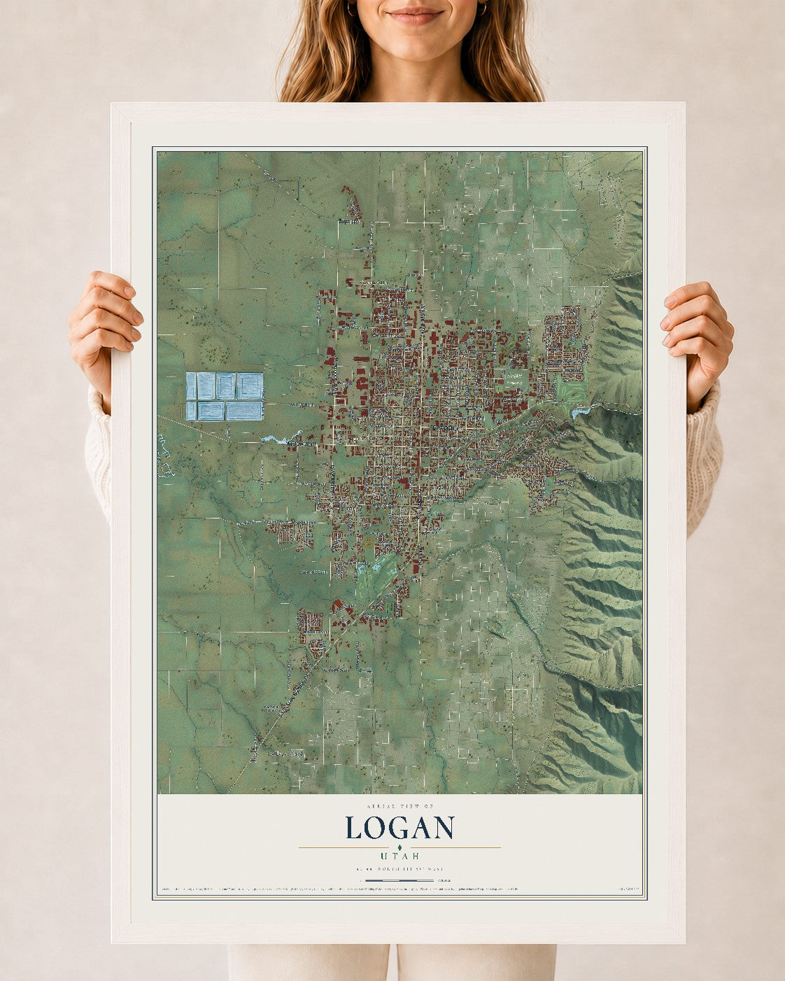 Map of Logan, Utah, 24 x 36 inch print in a white wood frame