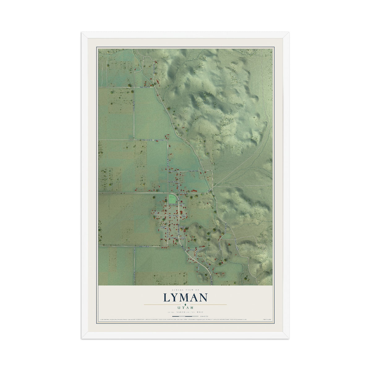 Map of Lyman, Utah, 12 x 18 inch print in a white wood frame